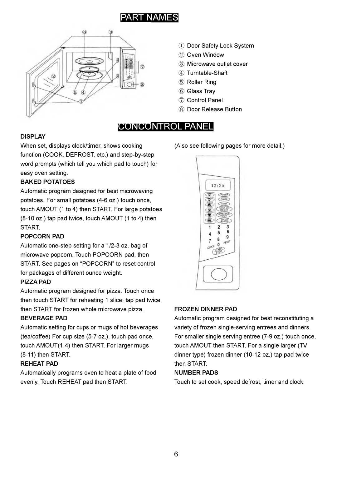 Danby DMW1104BL owner manual Part Names, Concontrol Panel 