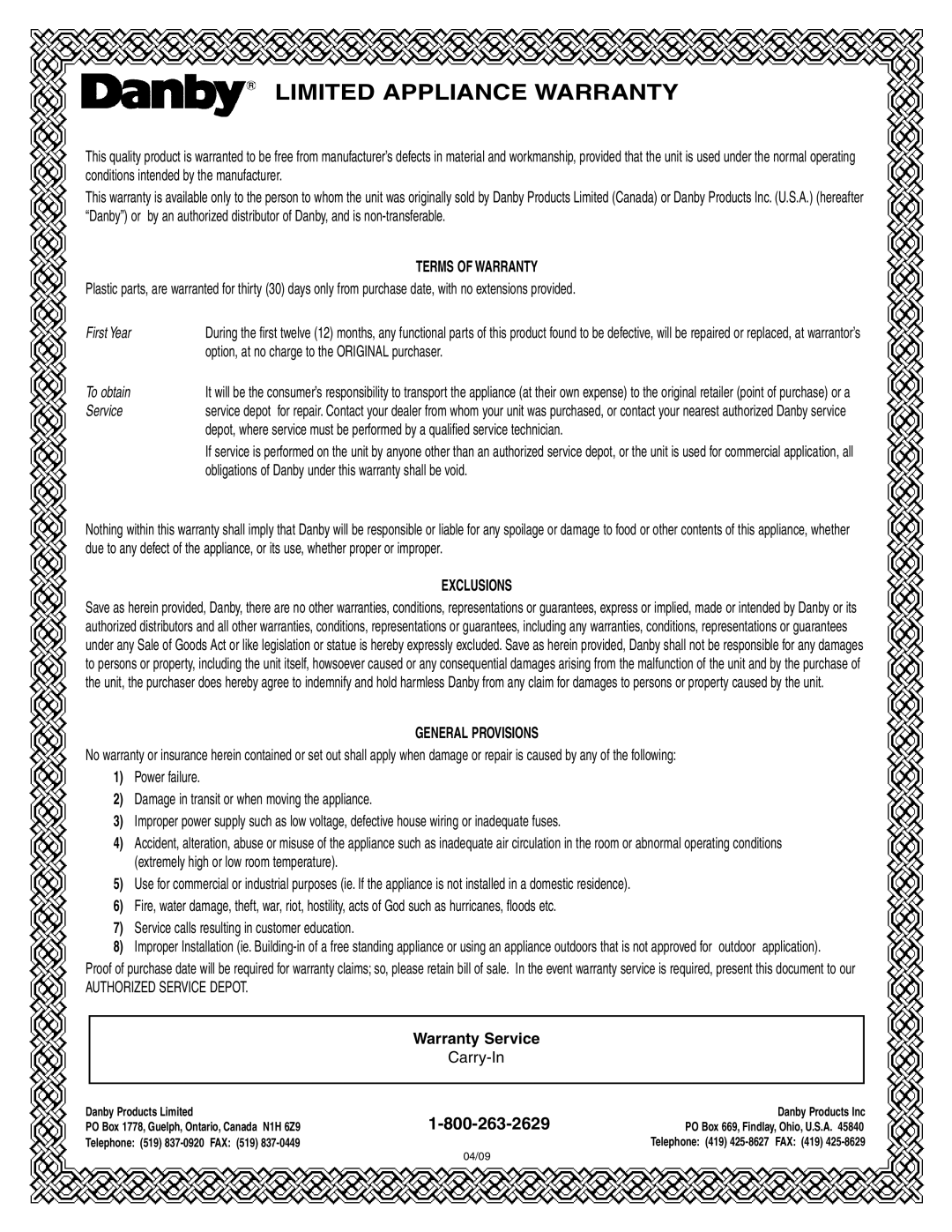 Danby DMW111KWDB, DMW111KBLDB manual Limited Appliance Warranty 