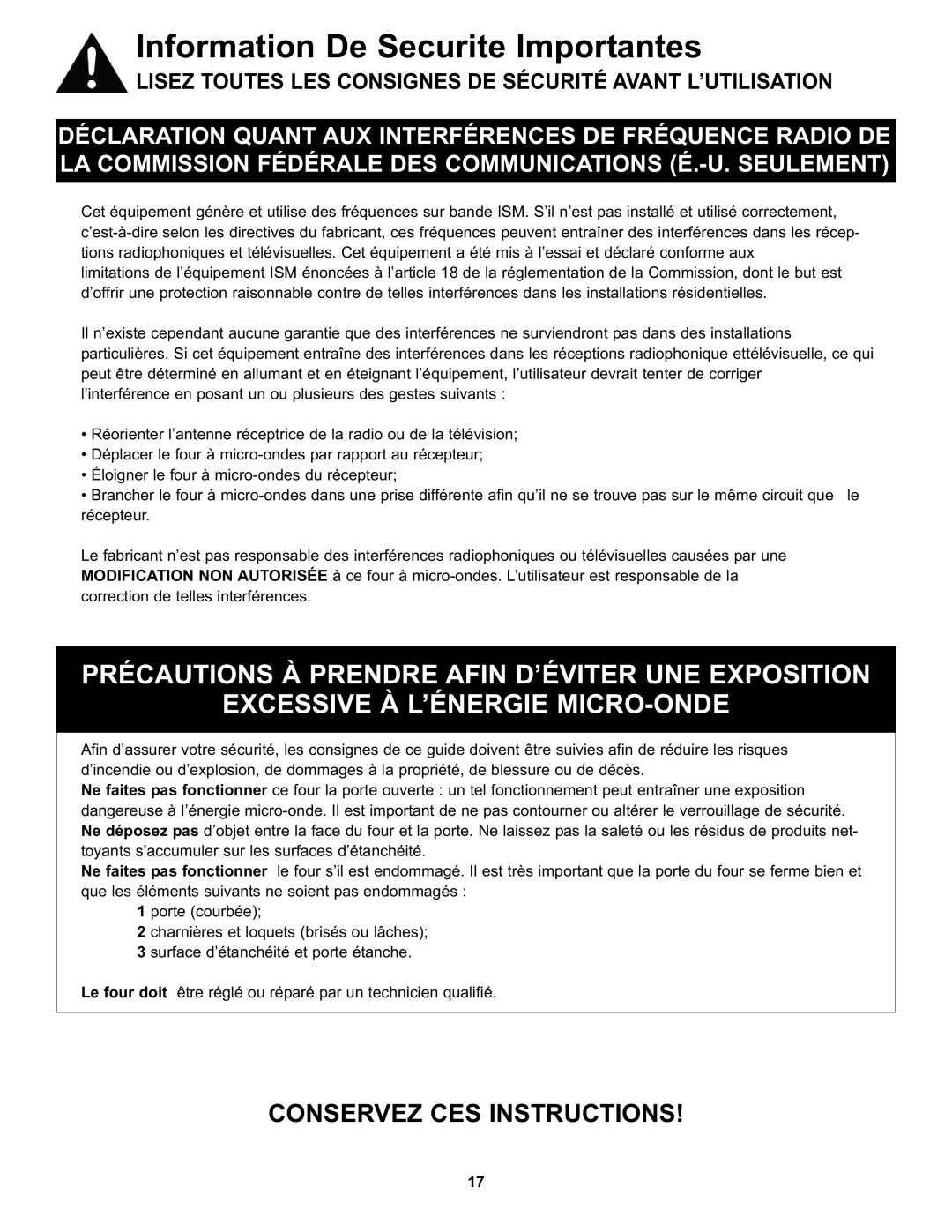 Danby DMW111KWDB, DMW111KBLDB manual Information De Securite Importantes, Conservez CES Instructions 