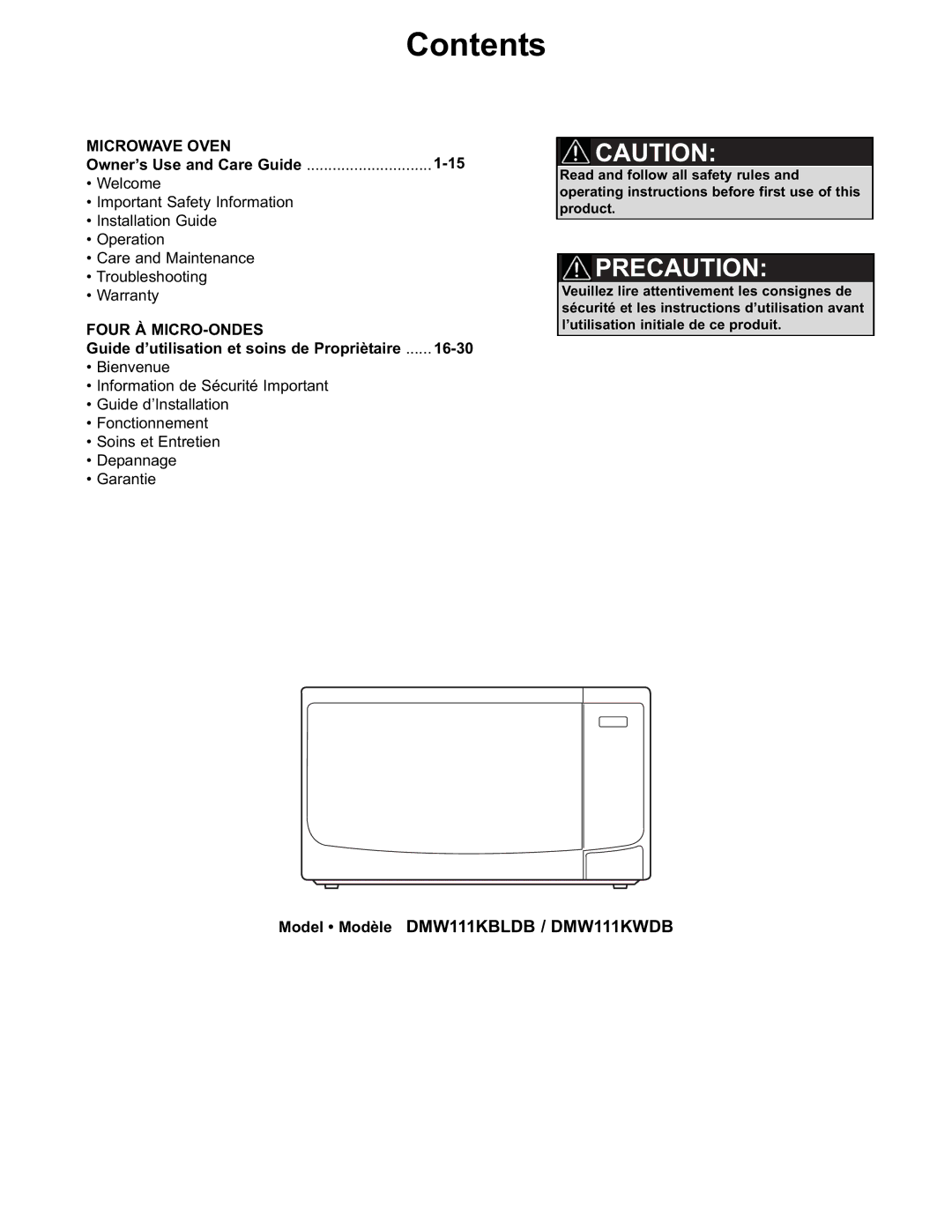 Danby DMW111KBLDB, DMW111KWDB manual Contents 