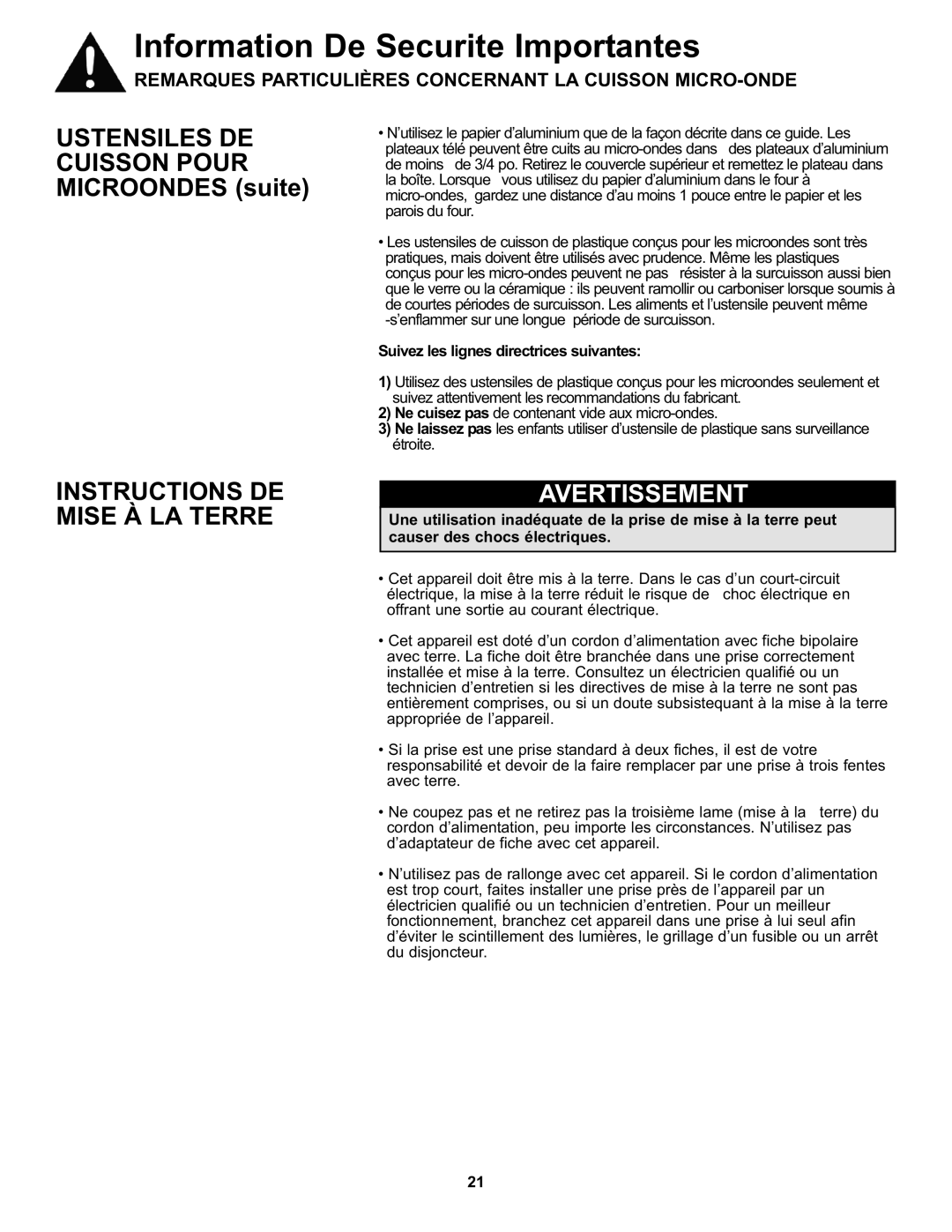 Danby DMW111KWDB, DMW111KBLDB manual Instructions DE Mise À LA Terre, Suivez les lignes directrices suivantes 