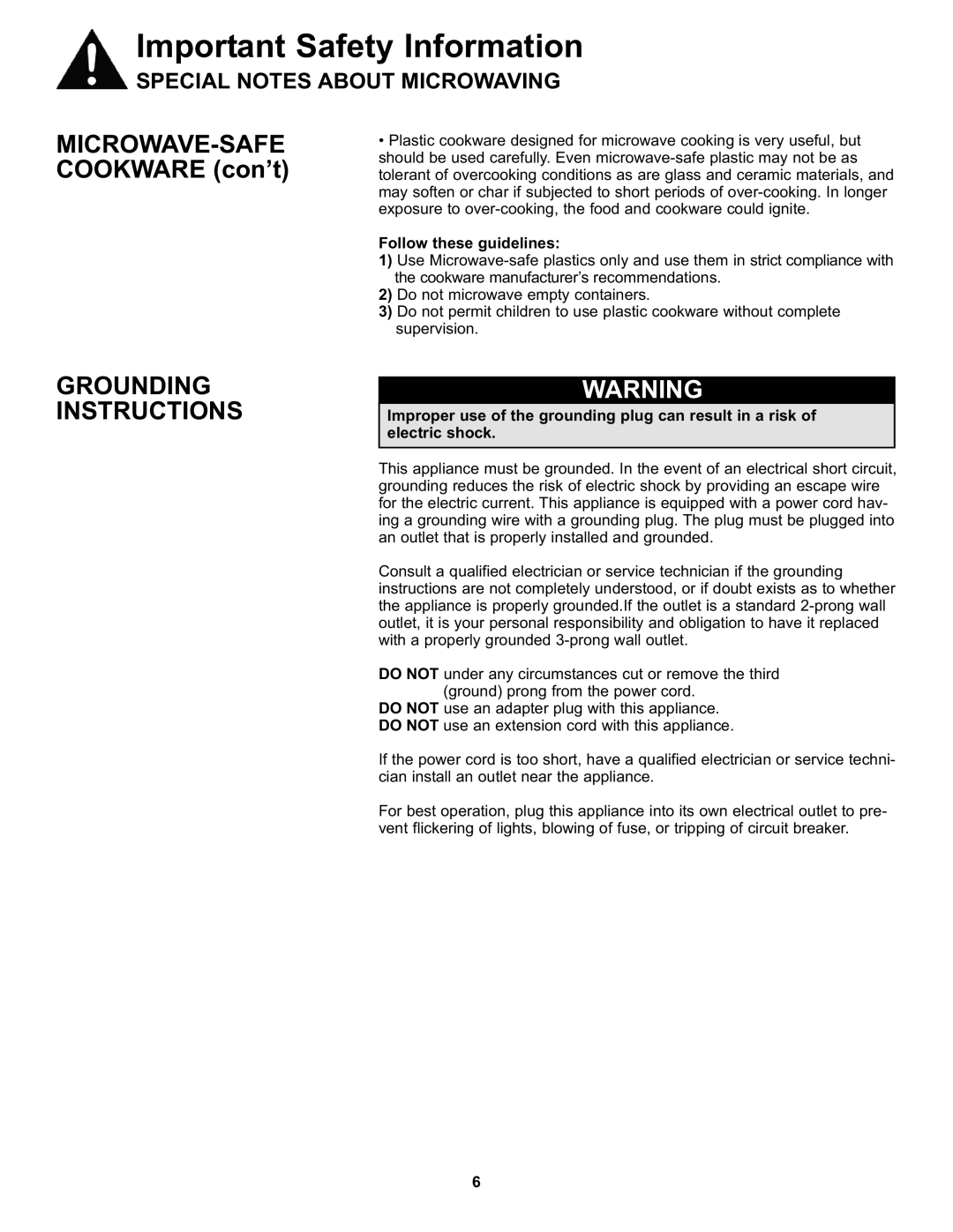 Danby DMW111KBLDB, DMW111KWDB manual Grounding Instructions, Follow these guidelines 