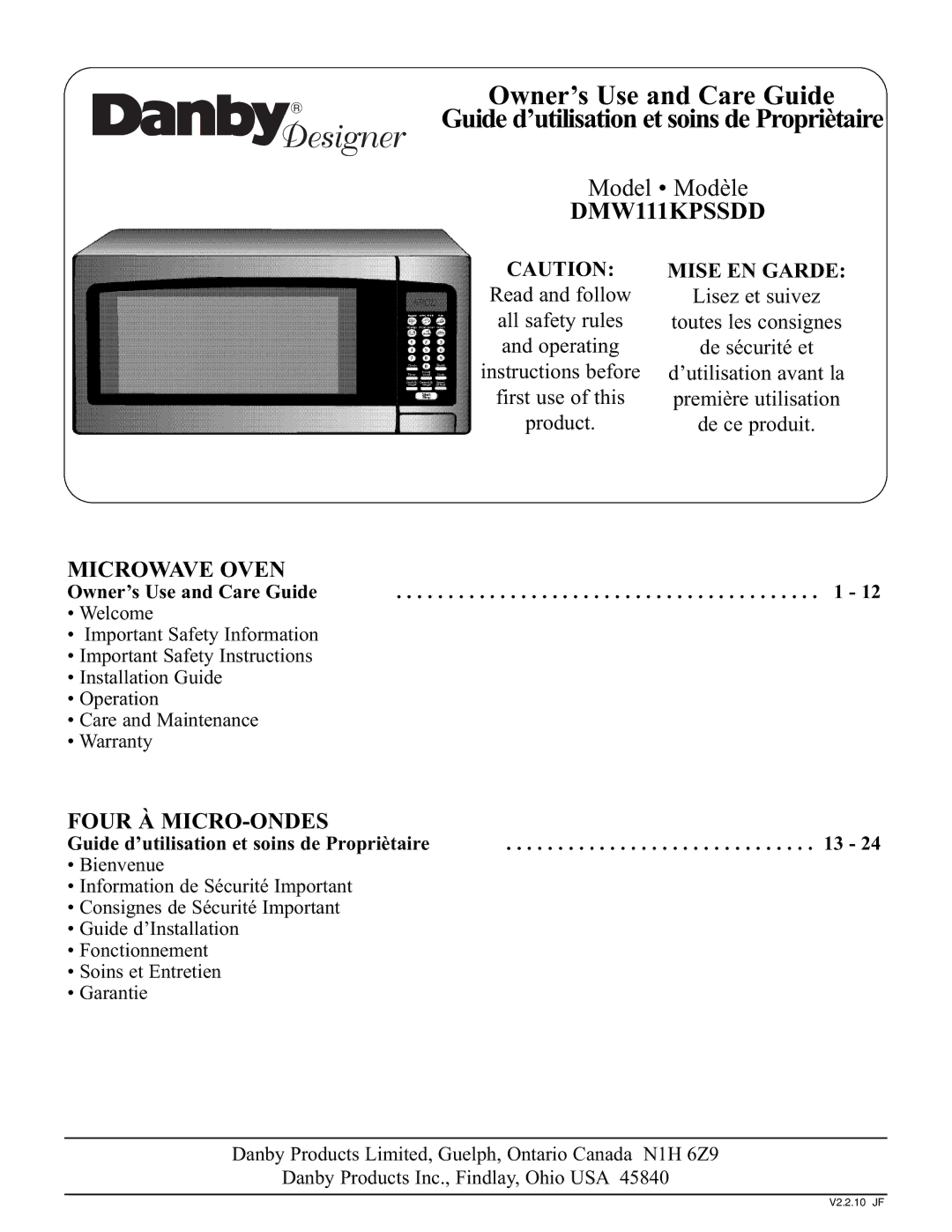 Danby DMW111KPSSDD important safety instructions Owner’s Use and Care Guide, Guide d’utilisation et soins de Propriètaire 