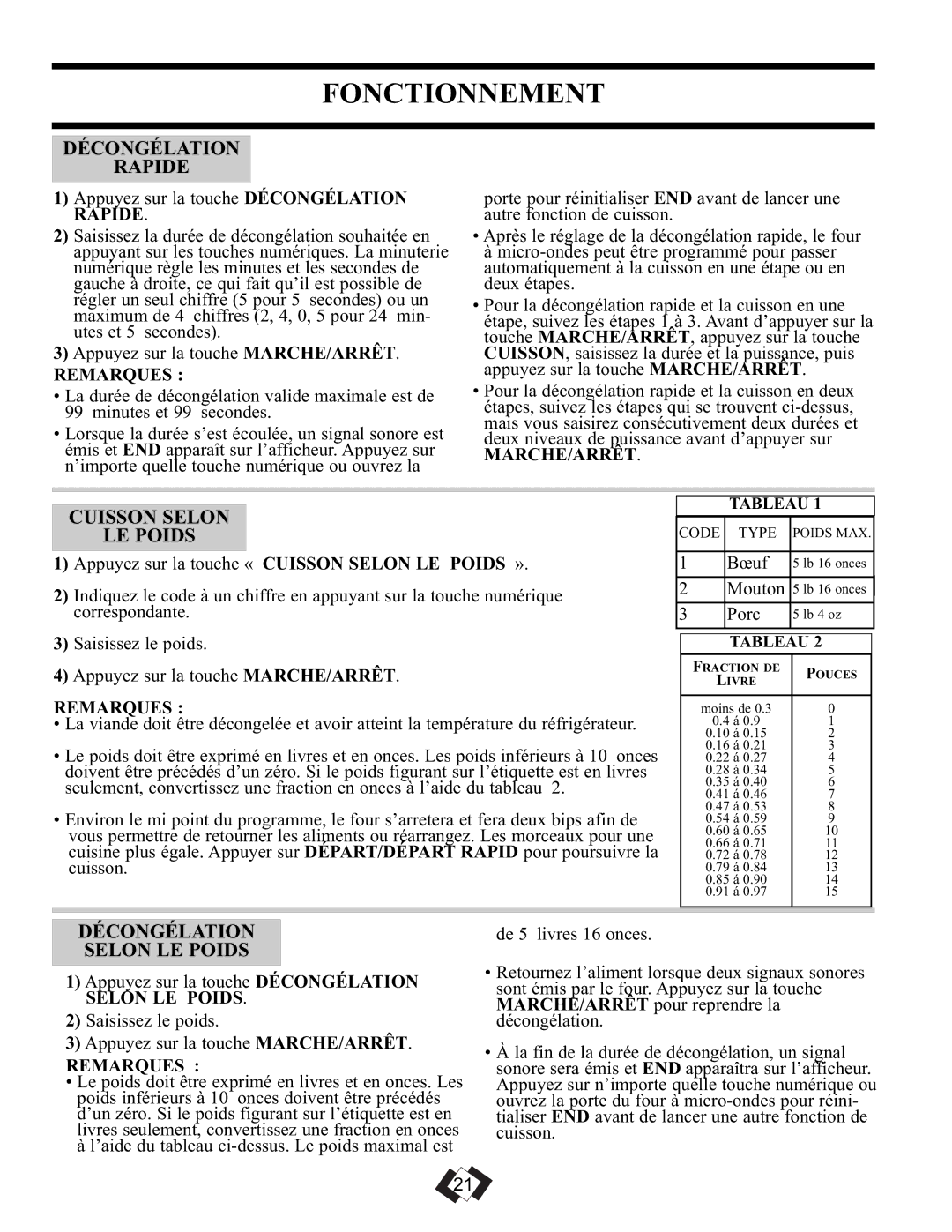 Danby DMW111KPSSDD important safety instructions Décongélation Rapide, Cuisson Selon LE Poids, Décongélation Selon LE Poids 