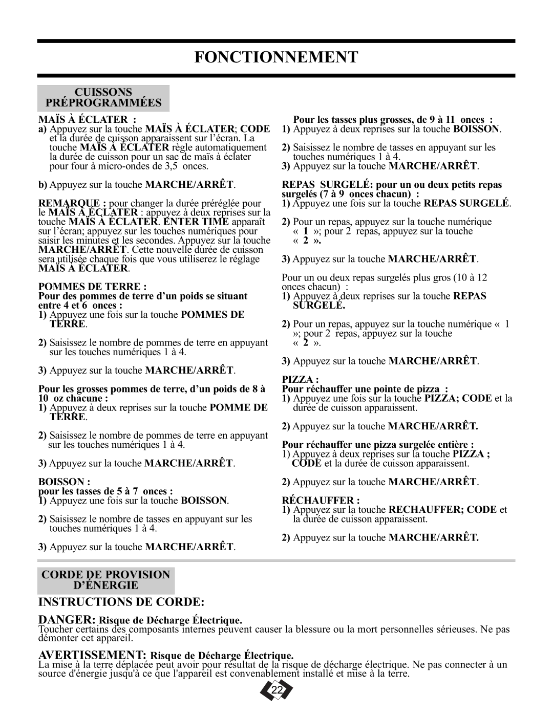 Danby DMW111KPSSDD important safety instructions Cuissons Préprogrammées, Corde DE Provision ’ÉNERGIE 