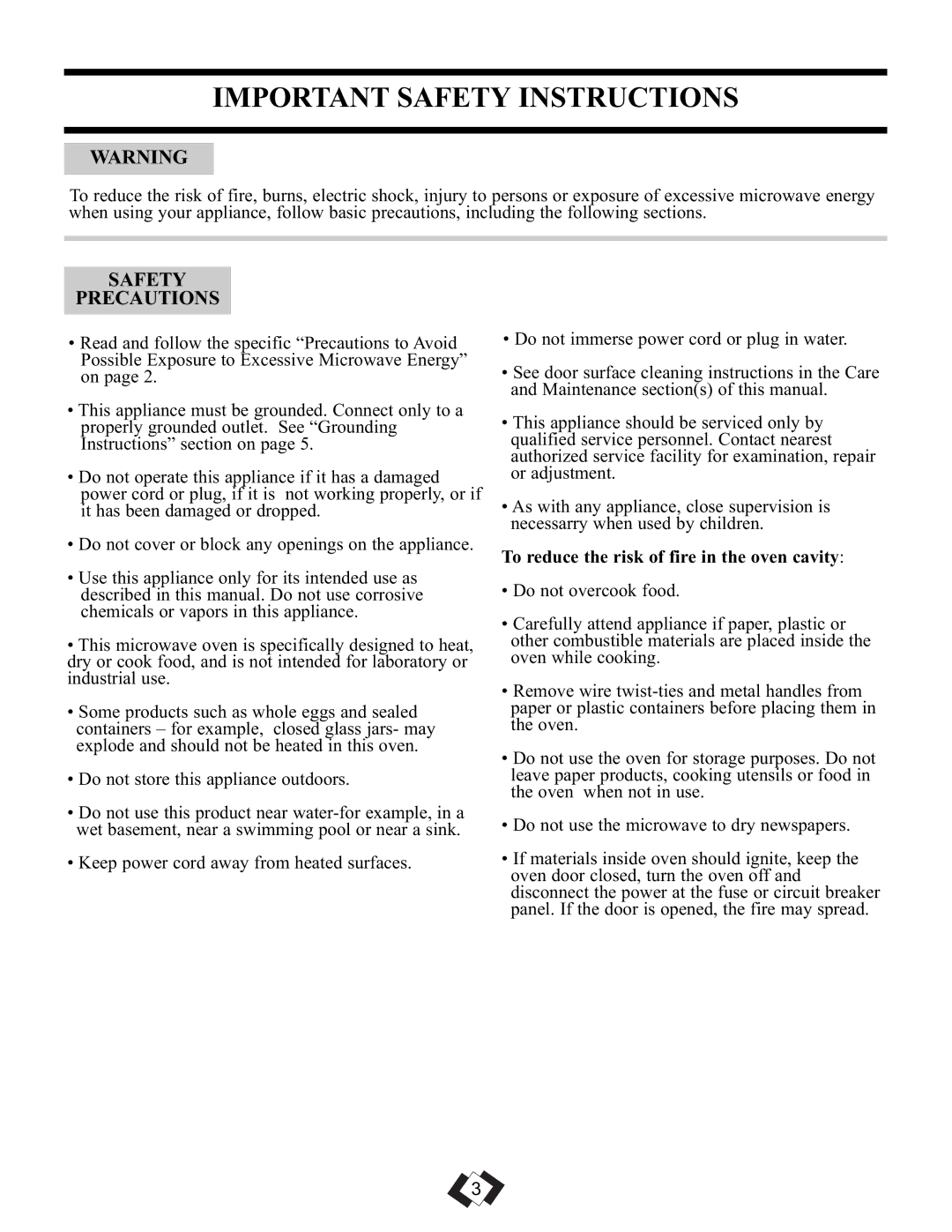 Danby DMW111KPSSDD Important Safety Instructions, Safety Precautions, To reduce the risk of fire in the oven cavity 