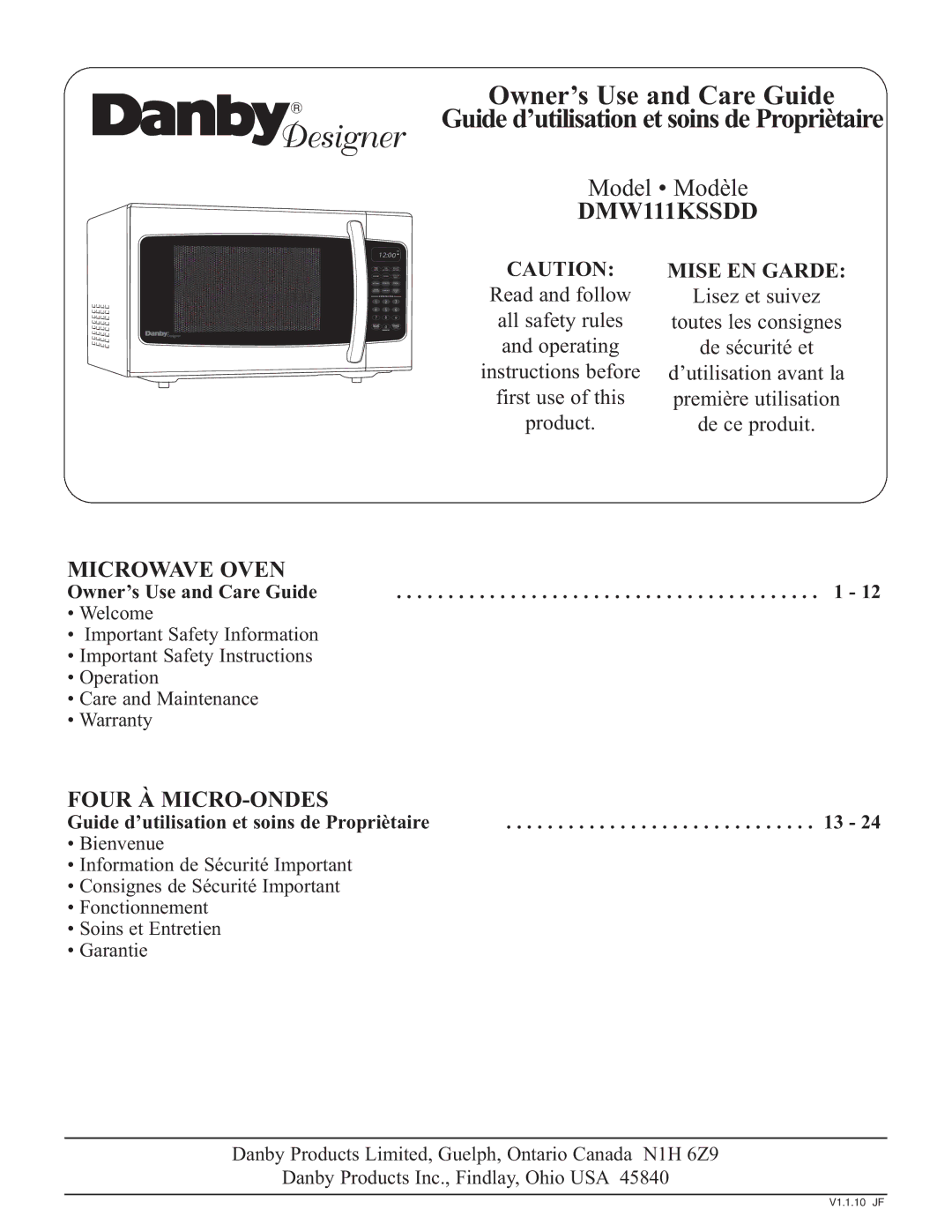 Danby DMW111KSSDD important safety instructions Owner’s Use and Care Guide, Guide d’utilisation et soins de Propriètaire 