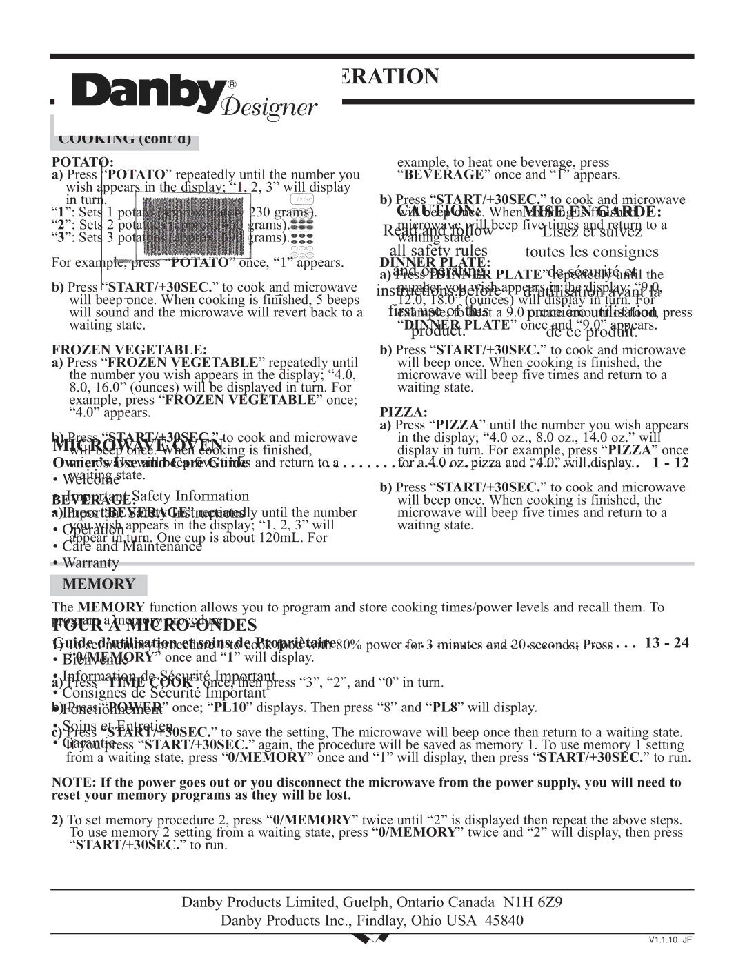 Danby DMW111KSSDD important safety instructions ONE Touch, Cooking cont’d, Memory 