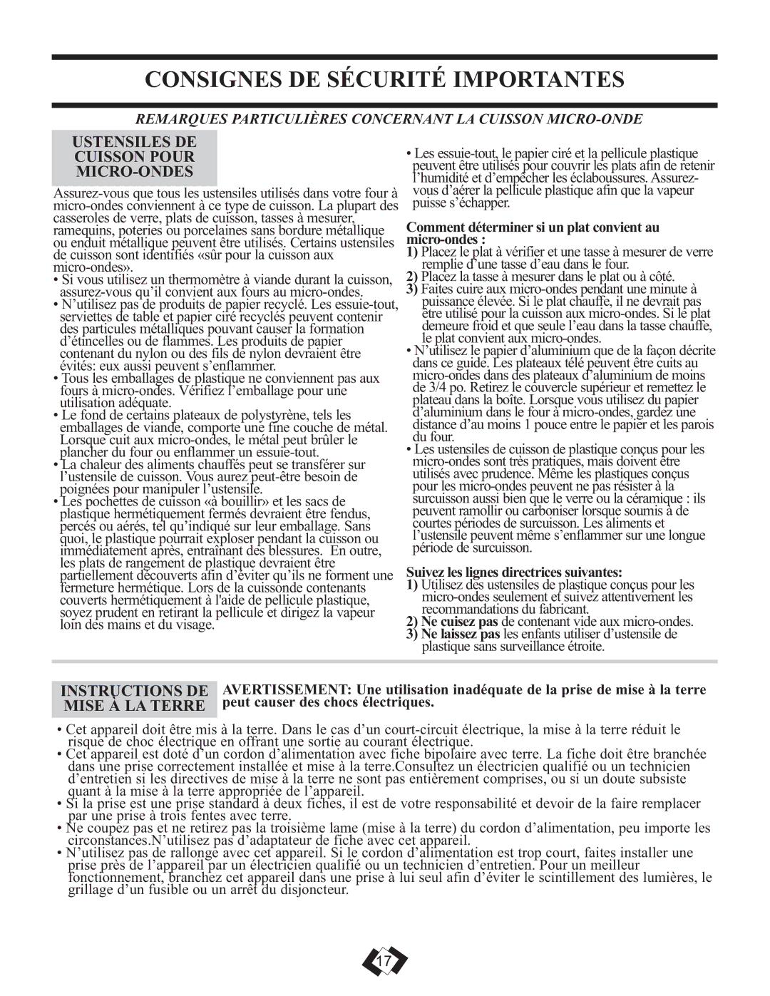 Danby DMW111KSSDD important safety instructions Ustensiles DE Cuisson Pour MICRO-ONDES, Instructions DE, Mise À LA Terre 