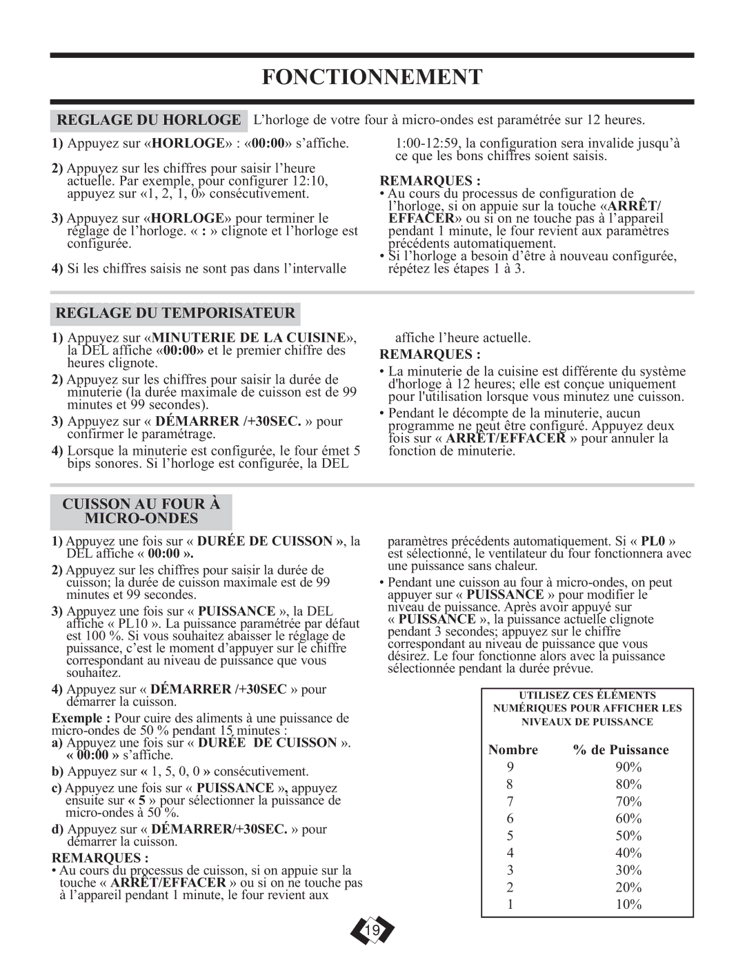 Danby DMW111KSSDD Reglage DU Temporisateur, Cuisson AU Four À MICRO-ONDES, Remarques, Nombre De Puissance 