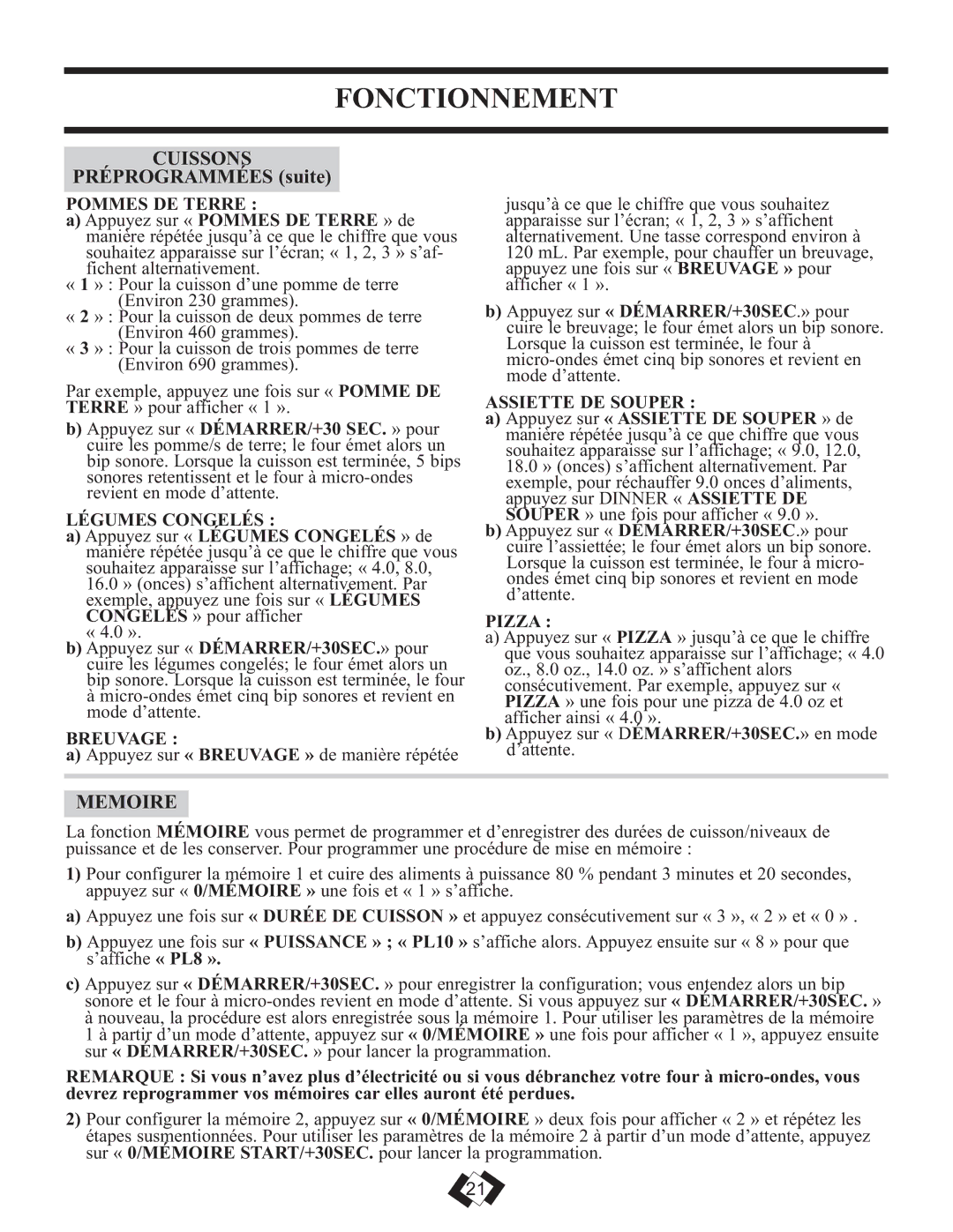 Danby DMW111KSSDD important safety instructions Cuissons, Préprogrammées suite, Memoire 