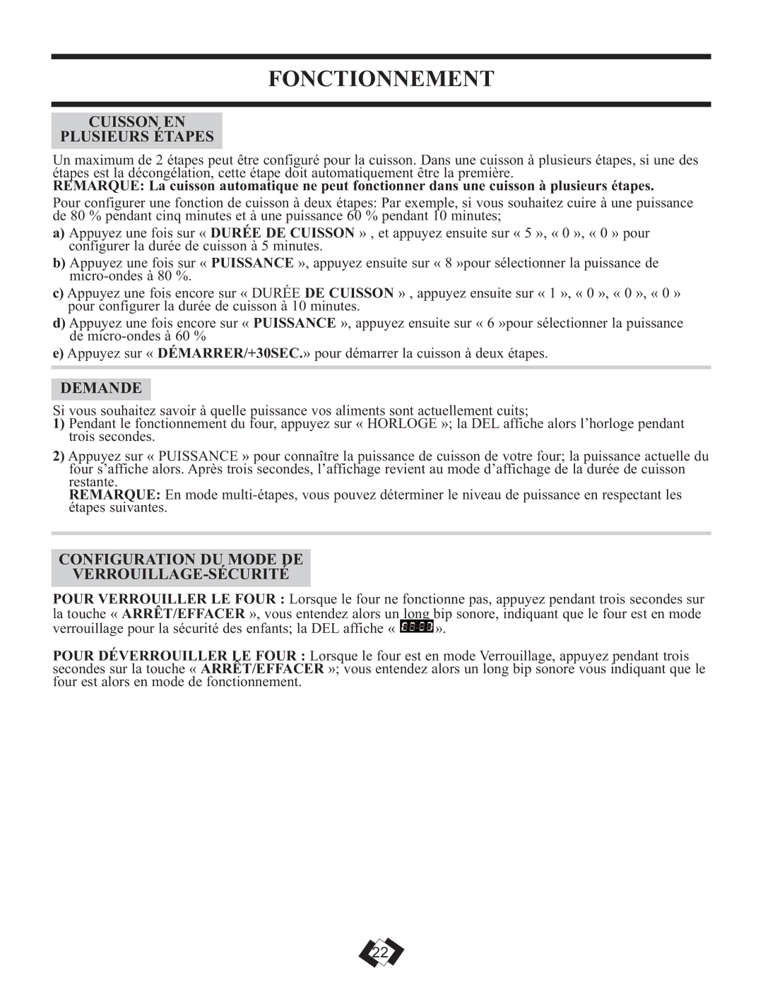 Danby DMW111KSSDD Cuisson EN Plusieurs Étapes, Demande, Configuration DU Mode DE VERROUILLAGE-SÉCURITÉ 