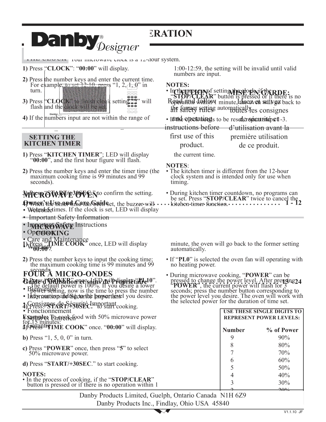 Danby DMW111KSSDD important safety instructions Setting Kitchen Timer, Microwave Cooking, Number Power 