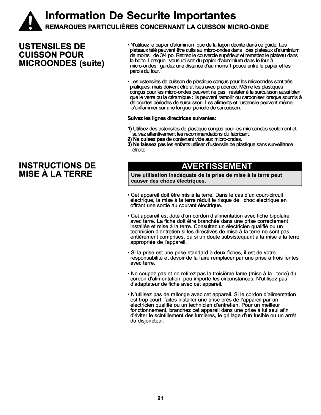 Danby DMW111KWDB manual USTENSILES DE CUISSON POUR MICROONDES suite, Instructions De Mise À La Terre, Avertissement 
