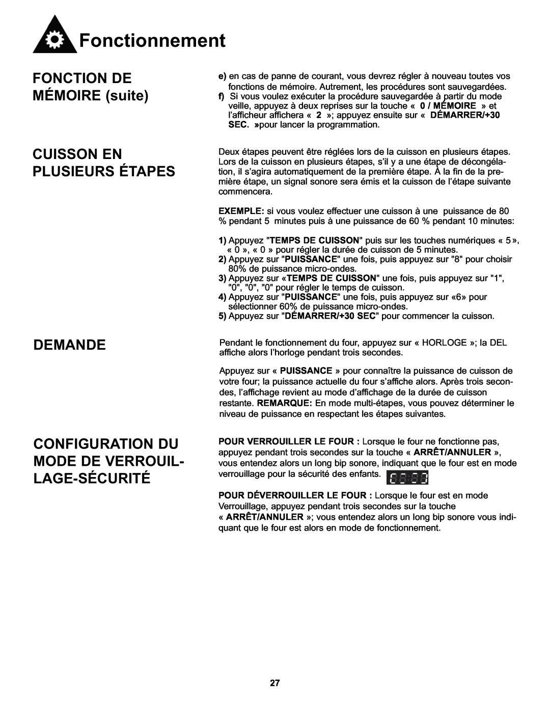 Danby DMW111KWDB manual FONCTION DE MÉMOIRE suite, Cuisson En Plusieurs Étapes Demande, Fonctionnement 