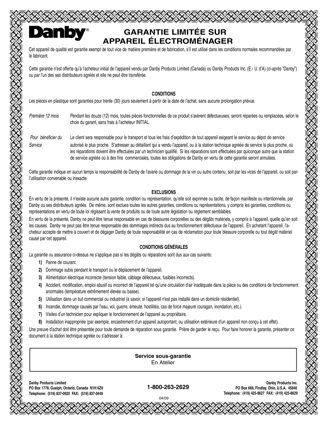 Danby DMW111KWDB manual Garantie Limitée Sur Appareil Électroménager, 1-800-263-2629, Conditions, Première 12 mois, Service 