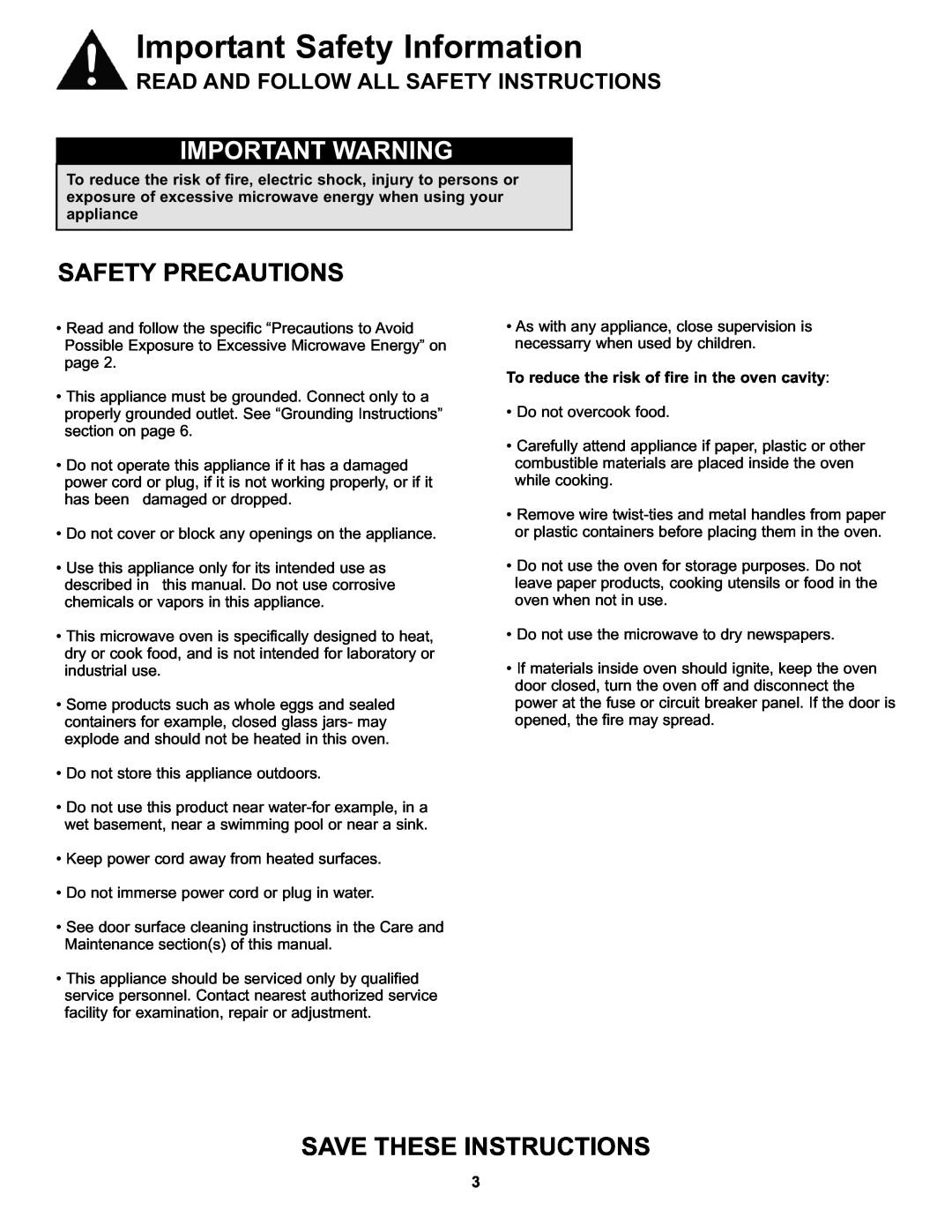 Danby DMW111KWDB manual Important Warning, Safety Precautions, Important Safety Information, Save These Instructions 