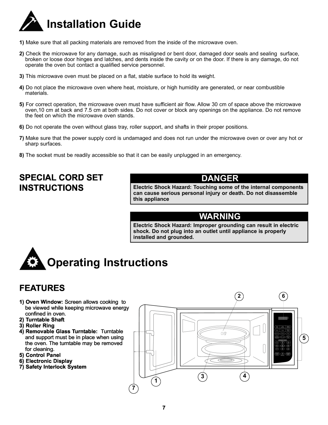 Danby DMW111KWDB manual Installation Guide, Operating Instructions, Special Cord Set Instructions, Danger, Features, 5 34 