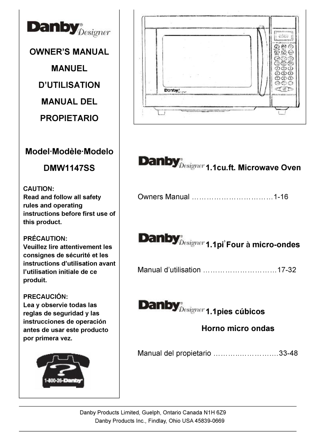 Danby DMW1147SS owner manual Manuel ’UTILISATION Manual DEL Propietario 