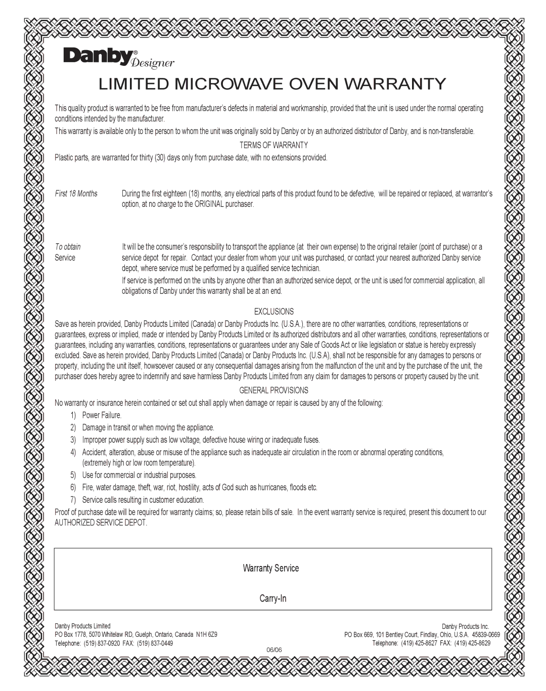 Danby DMW1147SS owner manual Limited Microwave Oven Warranty 