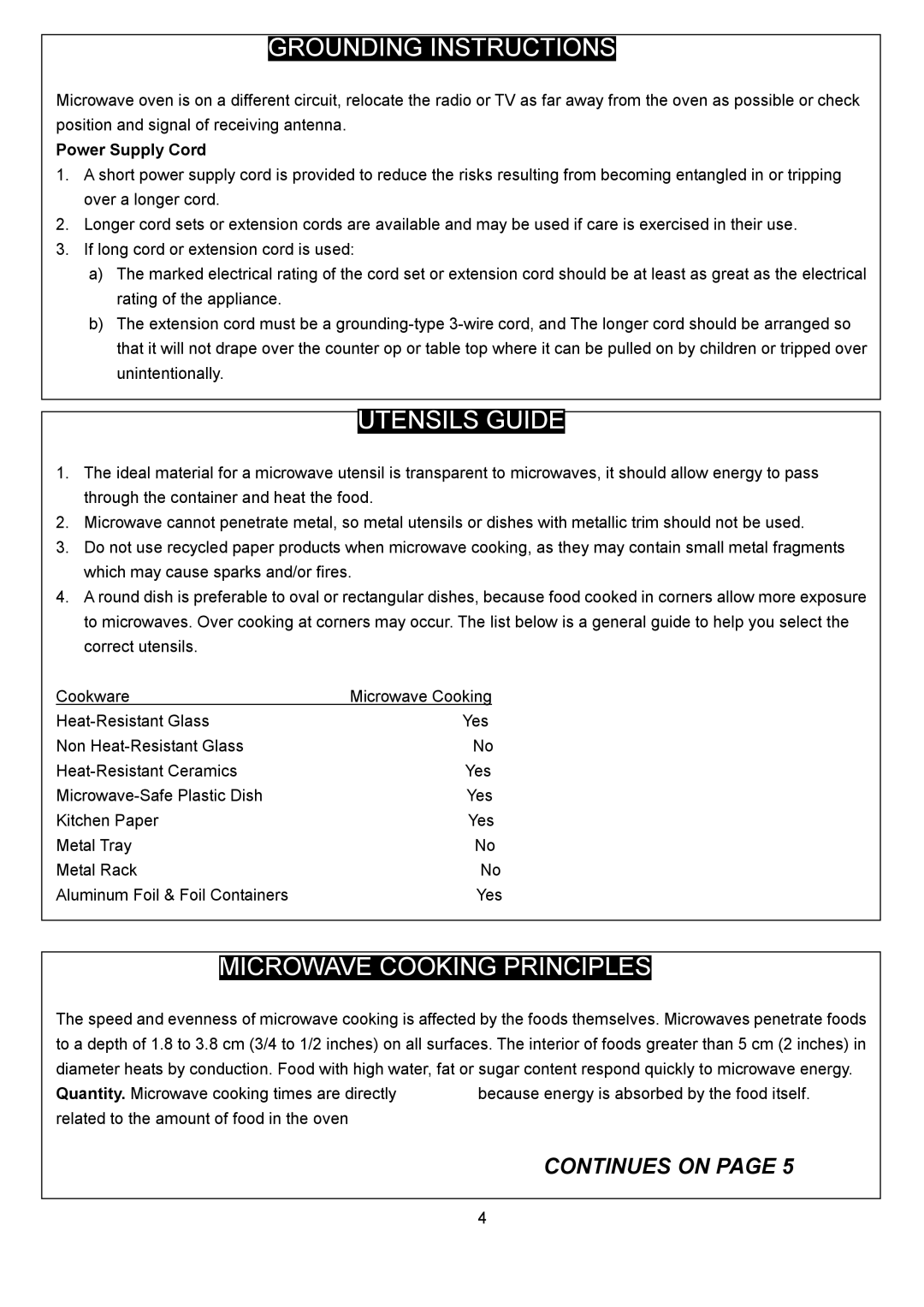 Danby DMW1147SS owner manual Utensils Guide, Microwave Cooking Principles, Power Supply Cord 