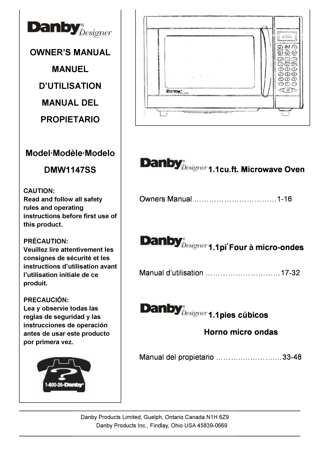 Danby owner manual Model·Modèle·Modelo DMW1147SS, Manual d’utilisation …………………………17-32, 1.1cu.ft. Microwave Oven 