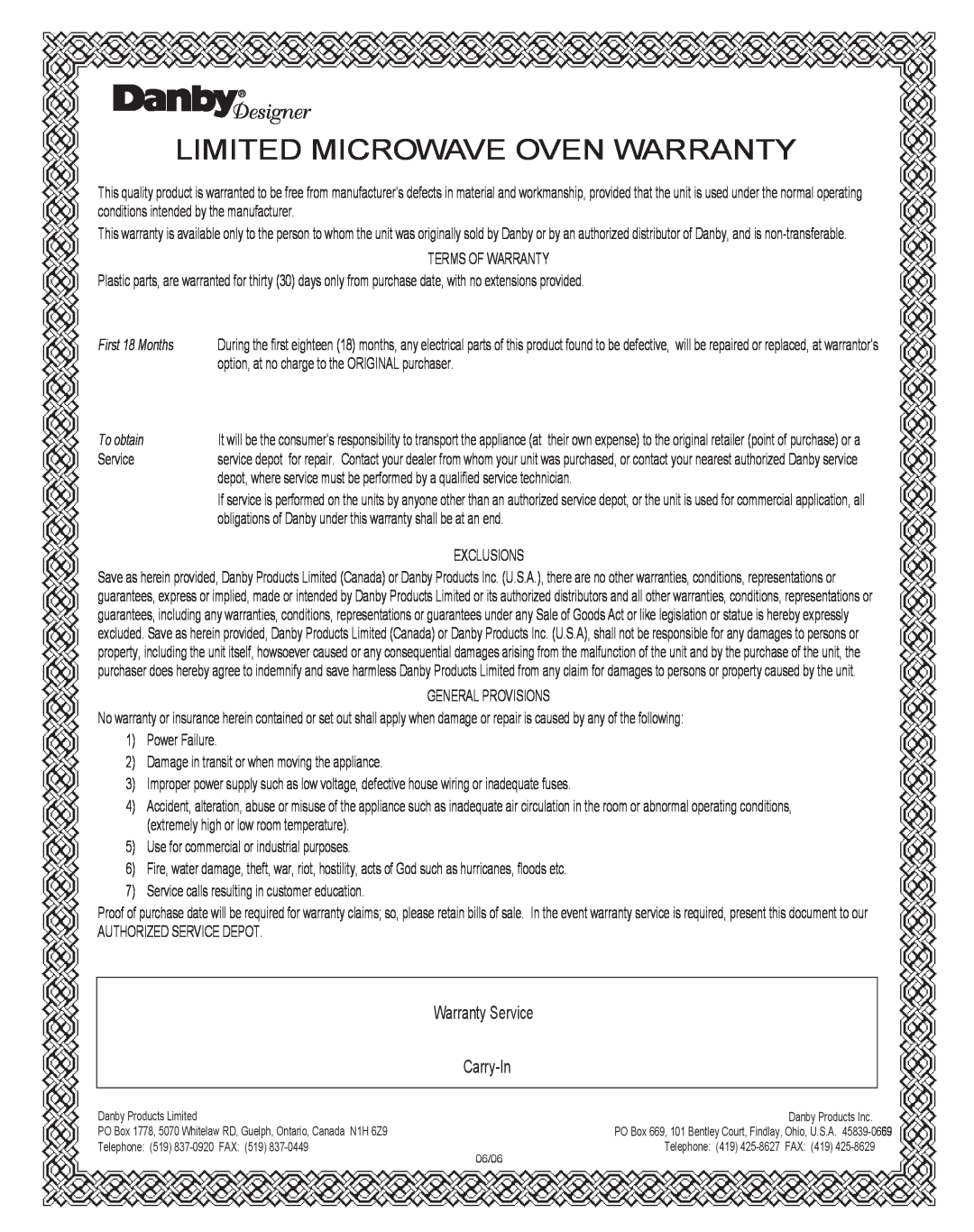 Danby DMW1147SS owner manual Limited Microwave Oven Warranty, Warranty Service, Carry-In, First 18 Months, To obtain 