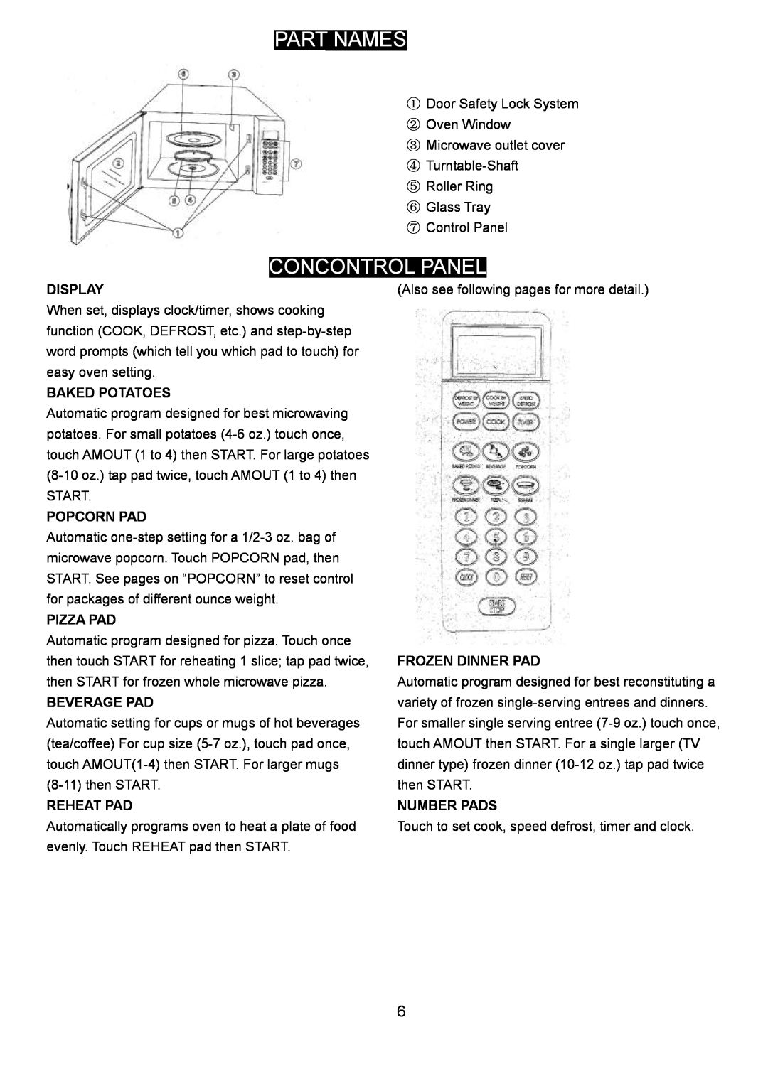 Danby DMW1147SS owner manual Part Names, Concontrol Panel 