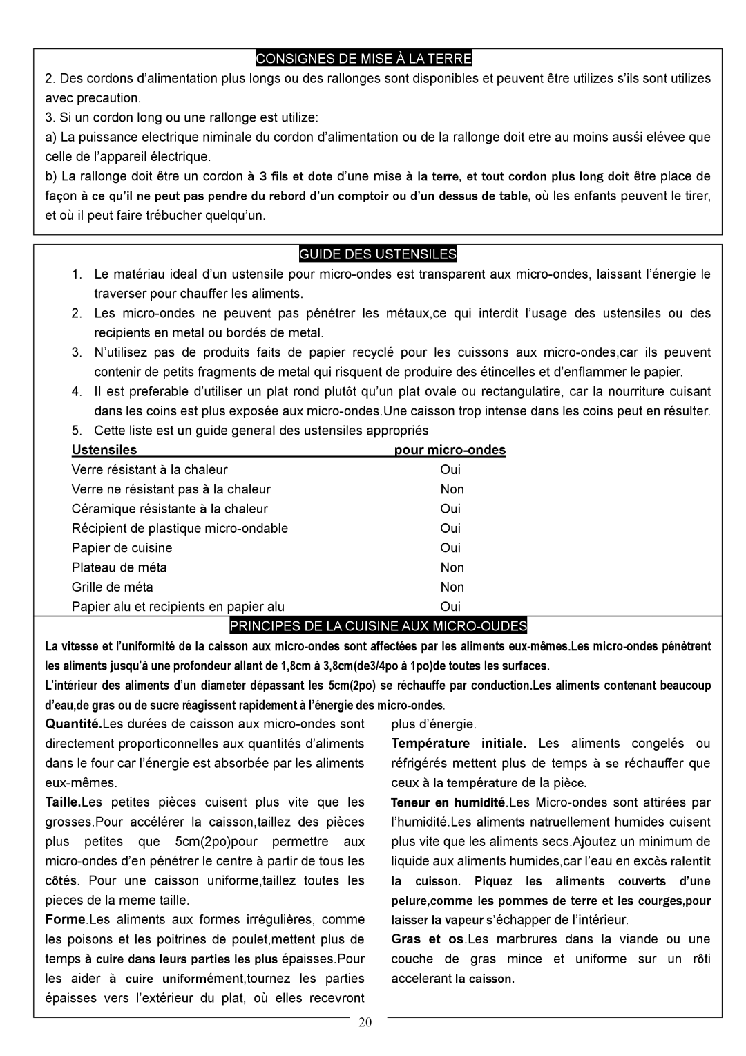 Danby DMW1148SS owner manual Guide DES Ustensiles 