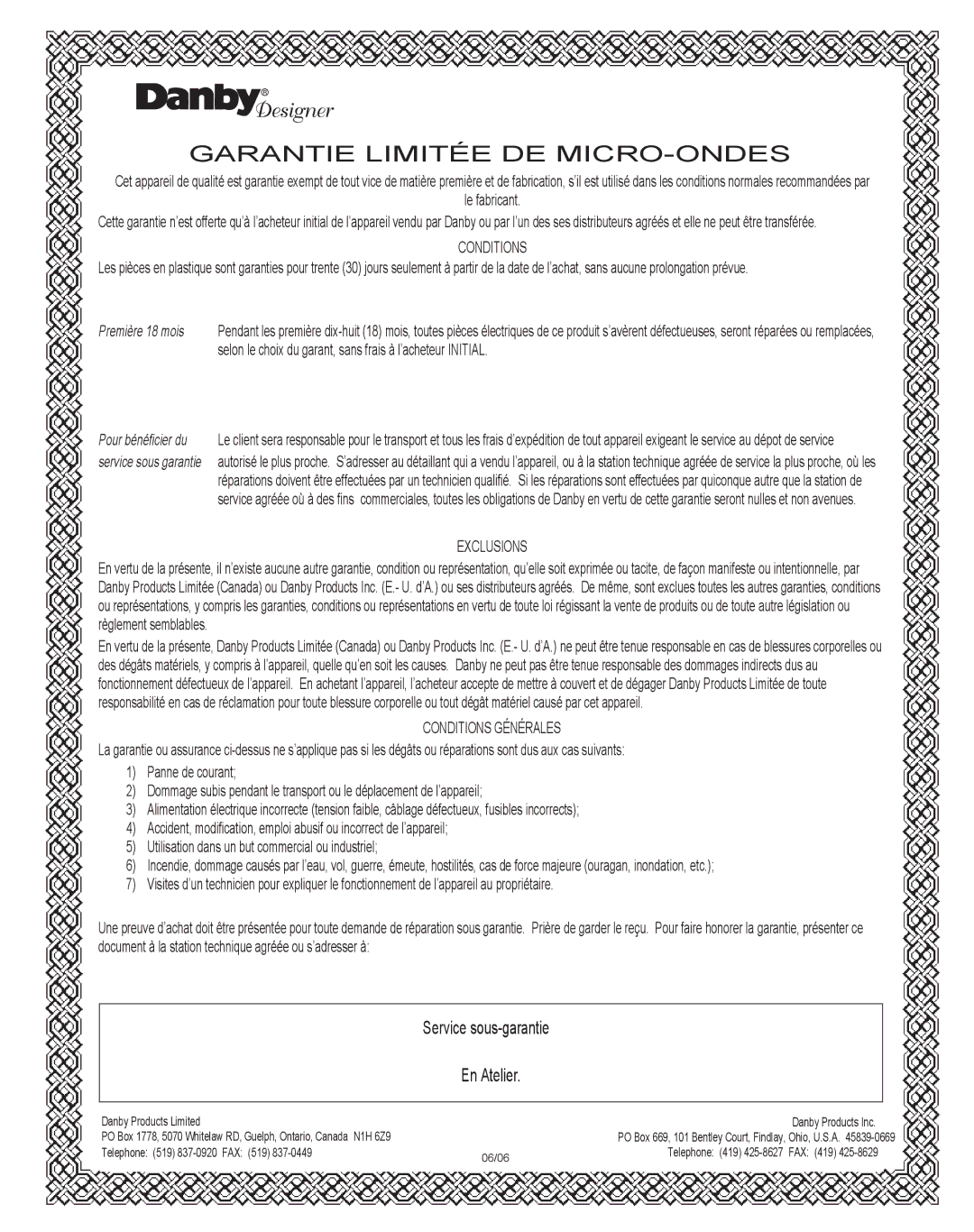 Danby DMW1148SS owner manual Garantie Limitée DE MICRO-ONDES 