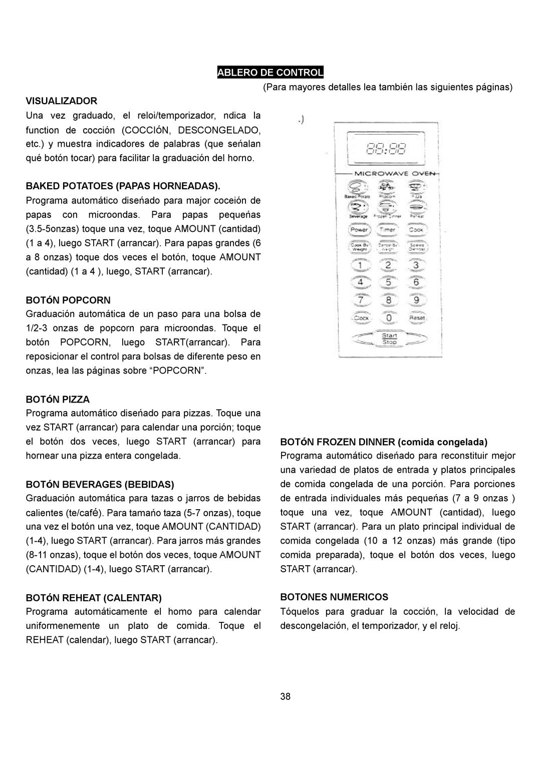 Danby DMW1148SS owner manual Ablero DE Control, Visualizador, Baked Potatoes Papas Horneadas, Botones Numericos 