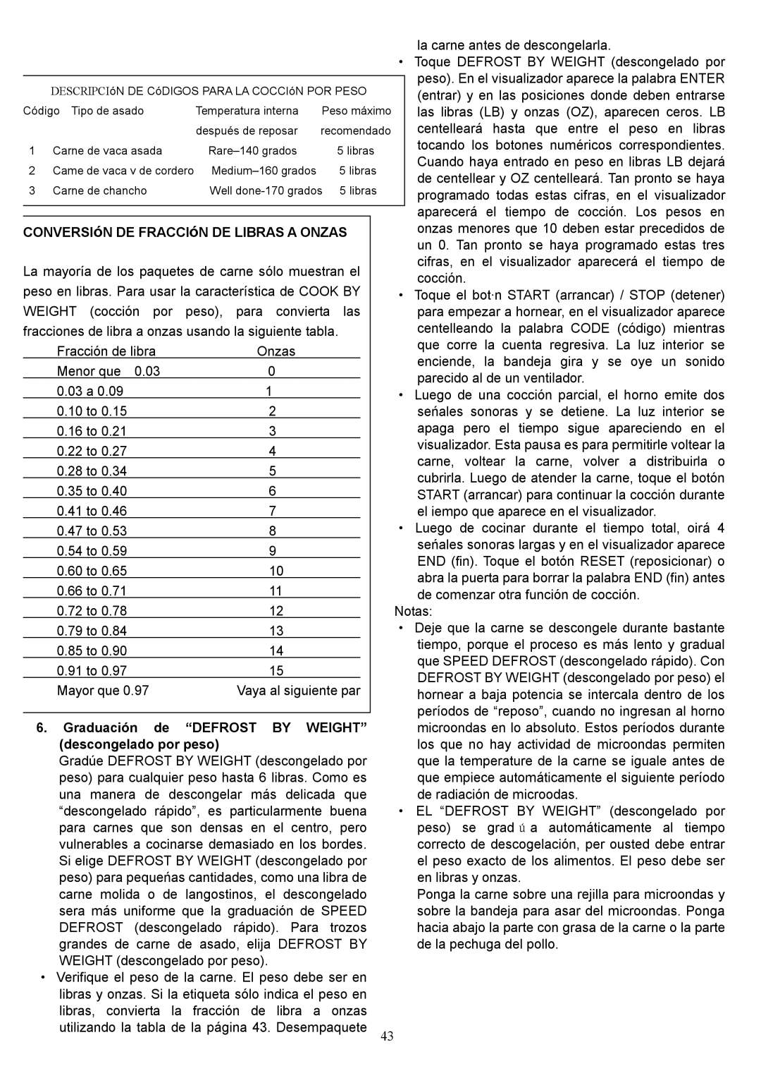 Danby DMW1148SS CONVERSIóN DE FRACCIóN DE Libras a Onzas, Graduación de Defrost by Weight, Descongelado por peso 