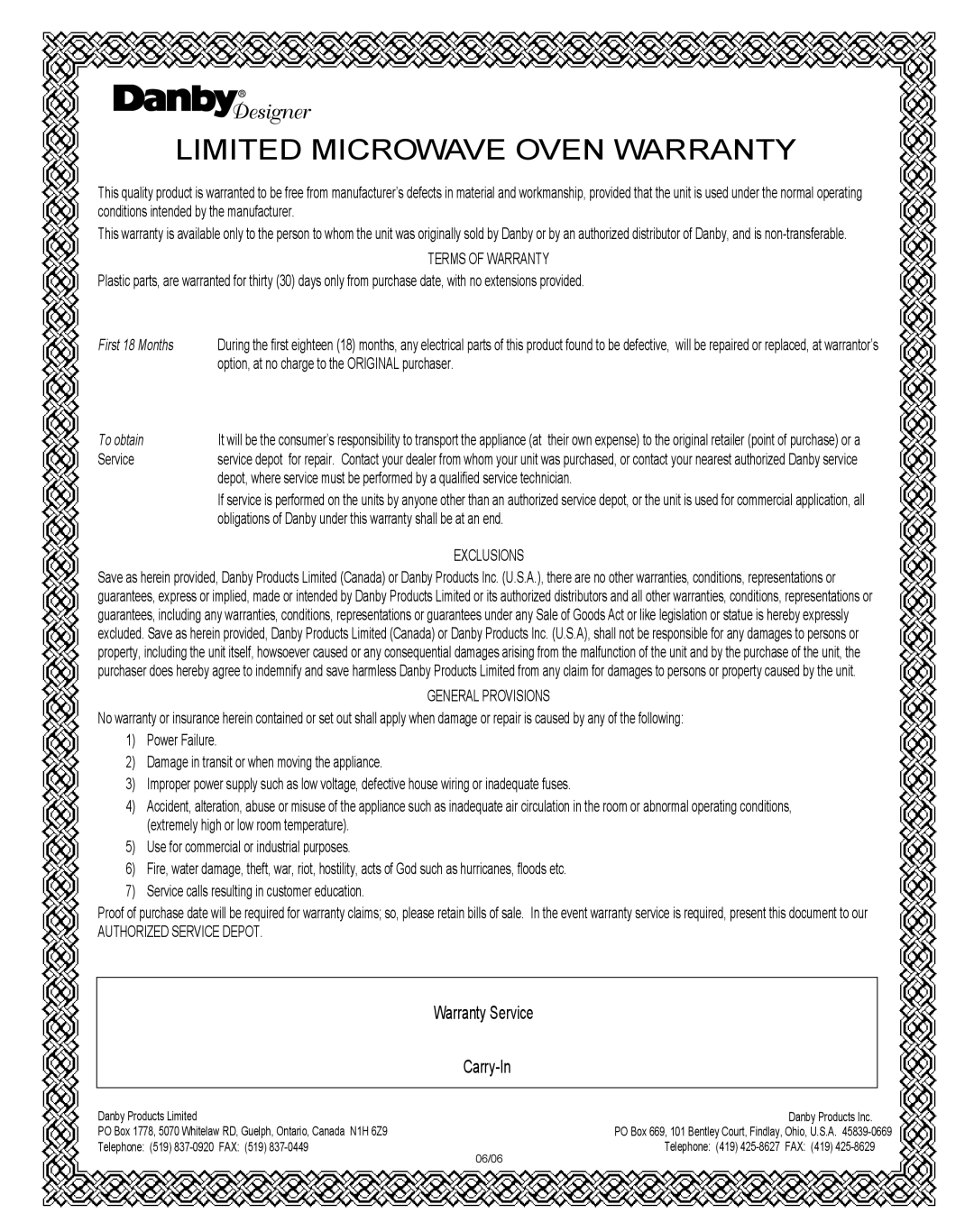 Danby DMW1148SS owner manual Limited Microwave Oven Warranty, Warranty Service, Carry-In, First 18 Months, To obtain 
