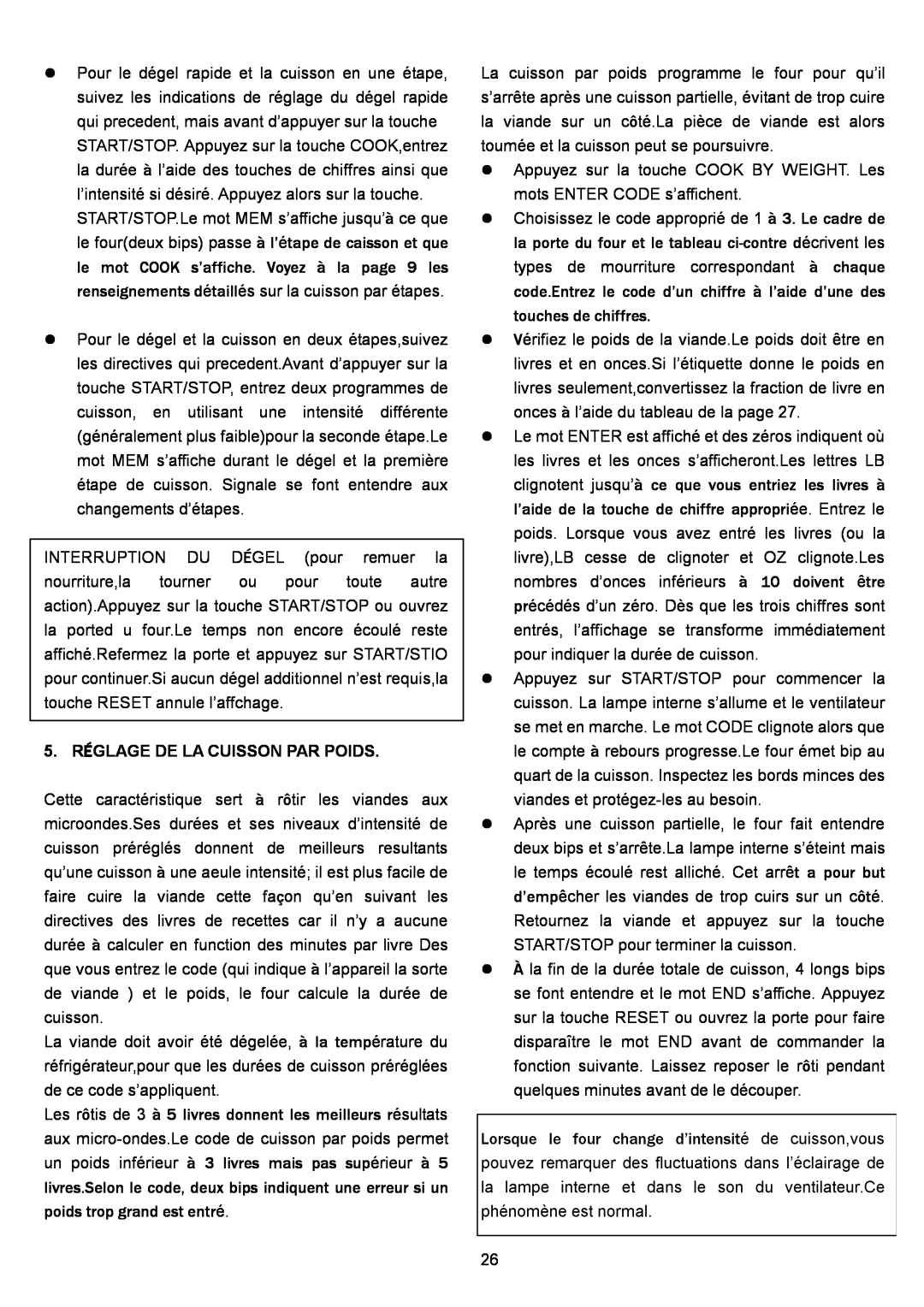 Danby DMW1148SS owner manual 5. RÉGLAGE DE LA CUISSON PAR POIDS 