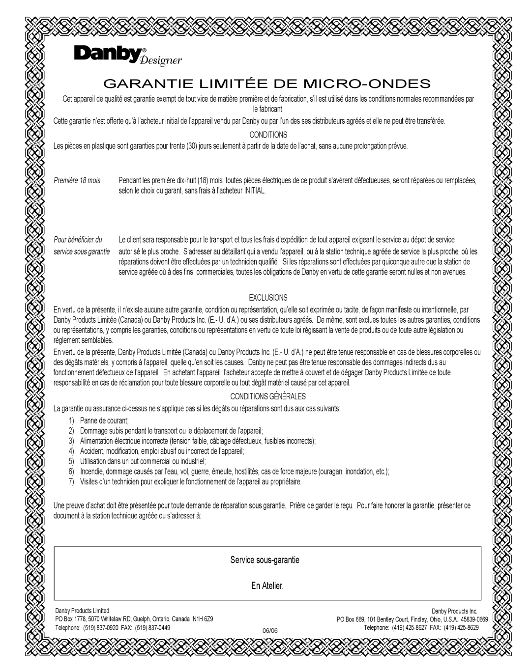 Danby DMW1148SS owner manual Garantie Limitée De Micro-Ondes, En Atelier 