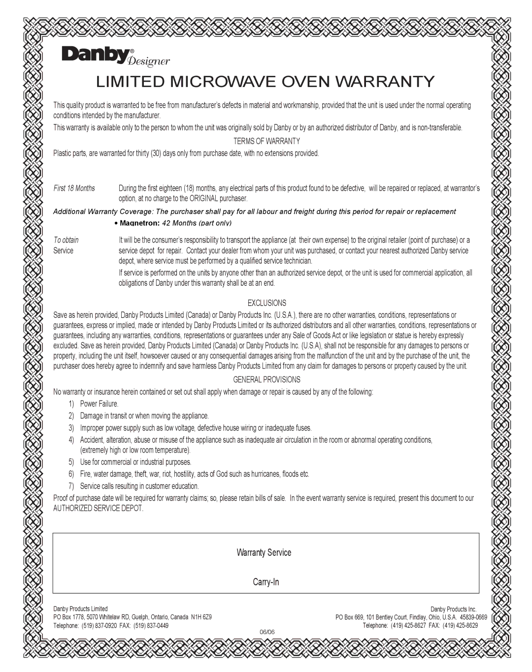 Danby DMW1158BL, DMW1158BW owner manual Limited Microwave Oven Warranty 