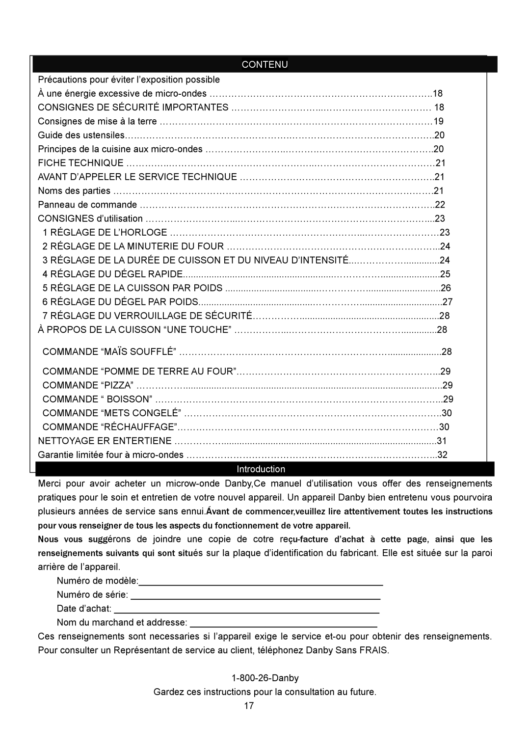 Danby DMW1158BW, DMW1158BL owner manual Contenu, Nettoyage ER Entertiene …………… 