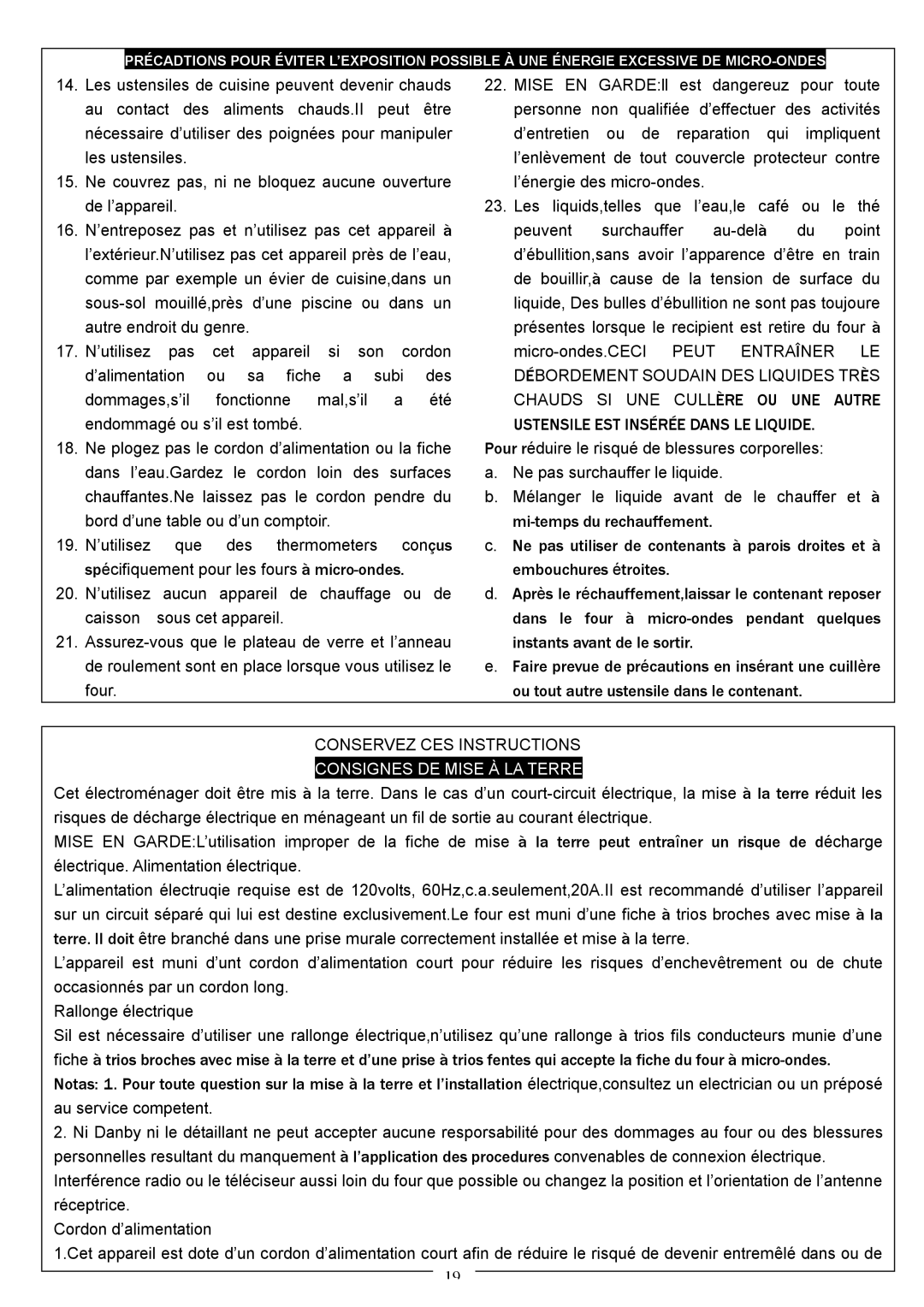 Danby DMW1158BW, DMW1158BL owner manual Ustensile EST Insérée Dans LE Liquide, Conservez CES Instructions 