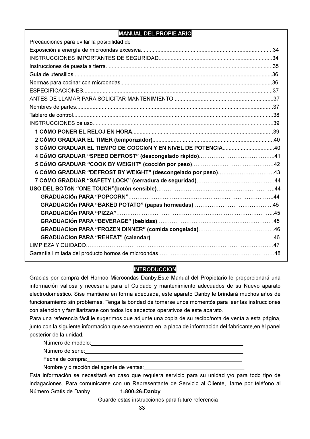 Danby DMW1158BW, DMW1158BL owner manual Manual DEL Propie Ario, Instrucciones Importantes DE Seguridad, Introduccion, Danby 