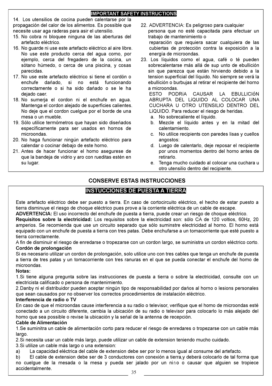 Danby DMW1158BW, DMW1158BL Important Safety Instructions, Cordón de prolongación, Notas, Interferencia de radio o TV 