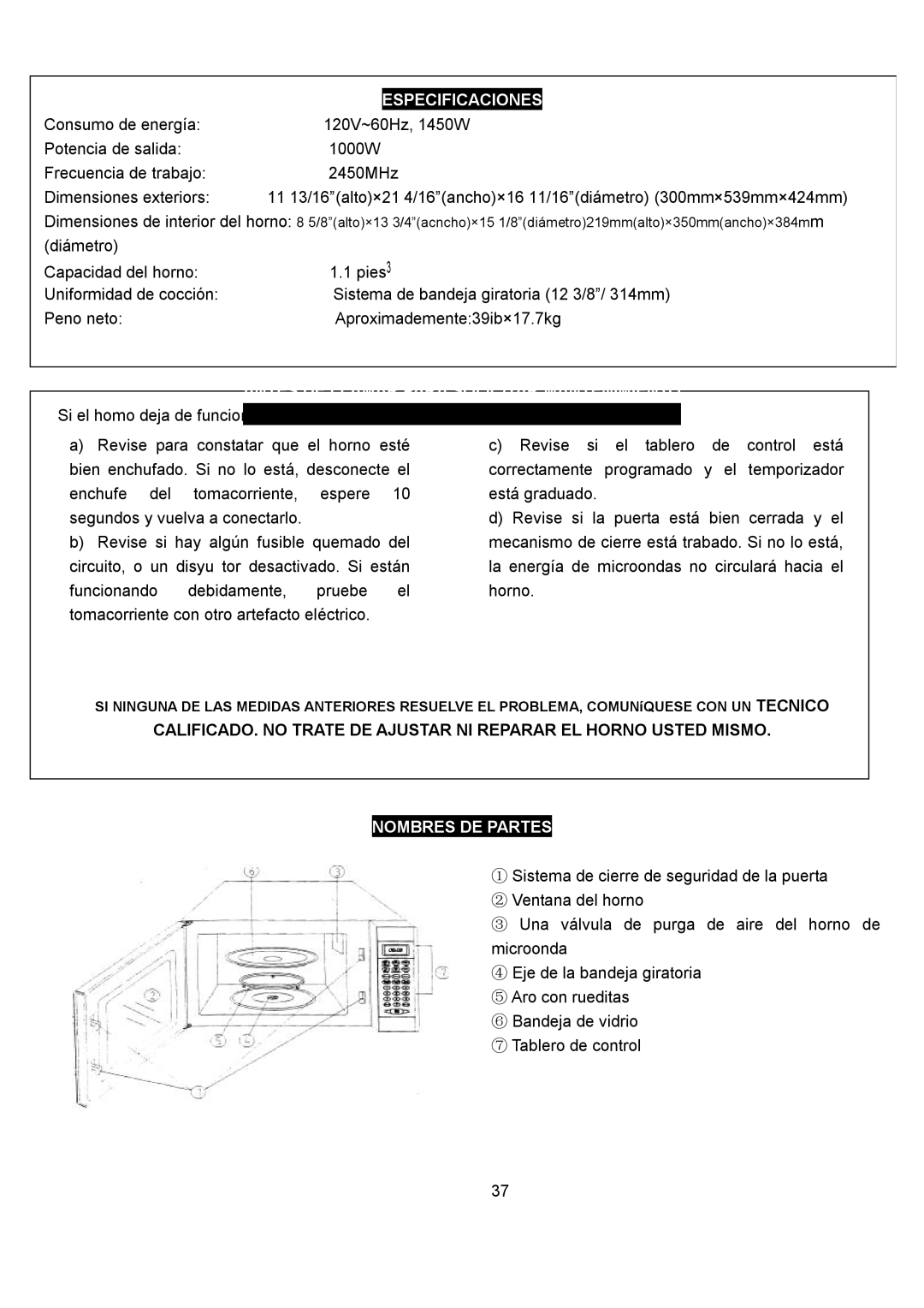 Danby DMW1158BW, DMW1158BL owner manual Nombres DE Partes 