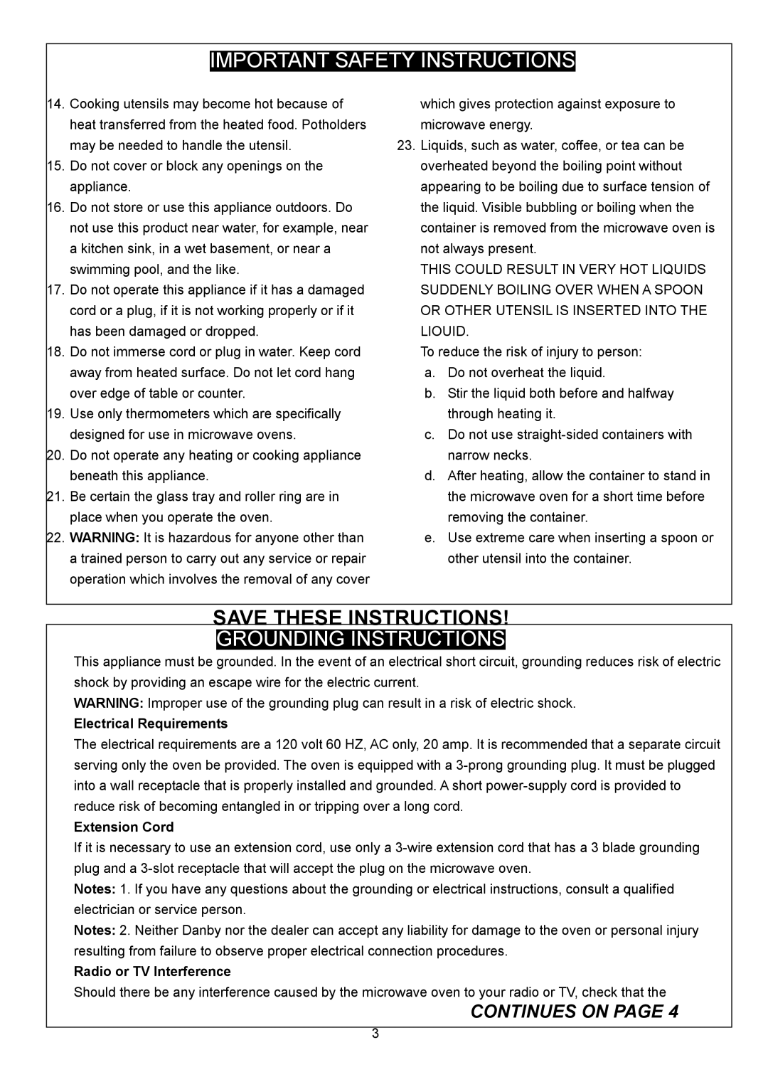 Danby DMW1158BW, DMW1158BL Grounding Instructions, Electrical Requirements, Extension Cord, Radio or TV Interference 