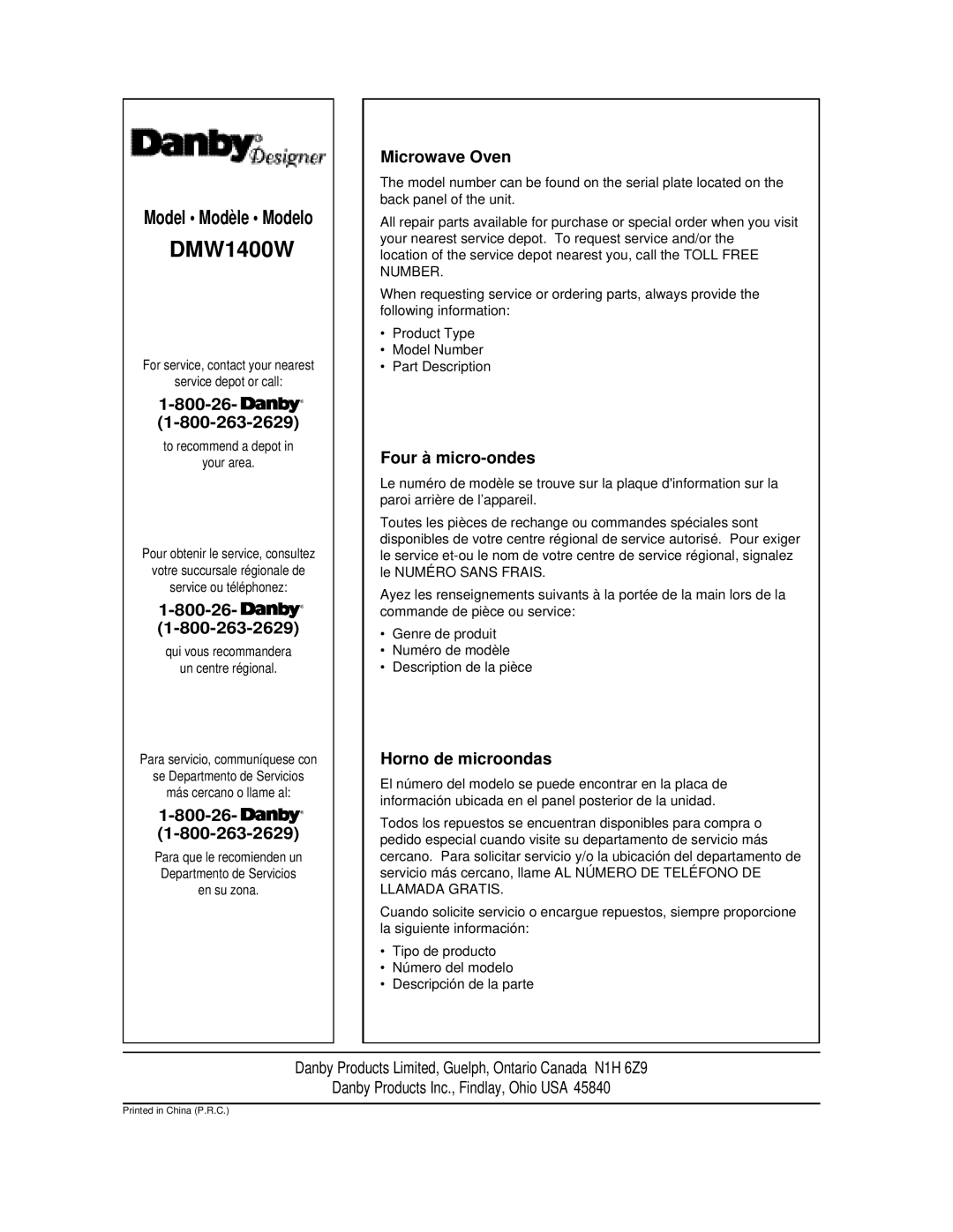 Danby DMW1400W manual 800-26, Microwave Oven, Four à micro-ondes, Horno de microondas 