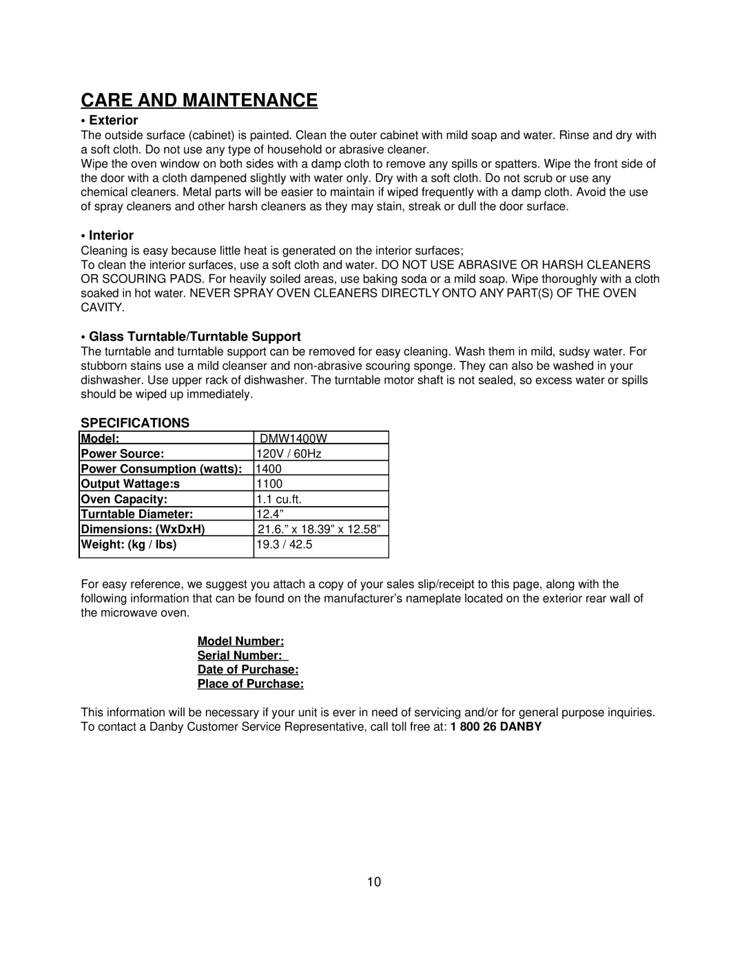 Danby DMW1400W manual Care and Maintenance, Exterior, Interior, Glass Turntable/Turntable Support, Specifications 