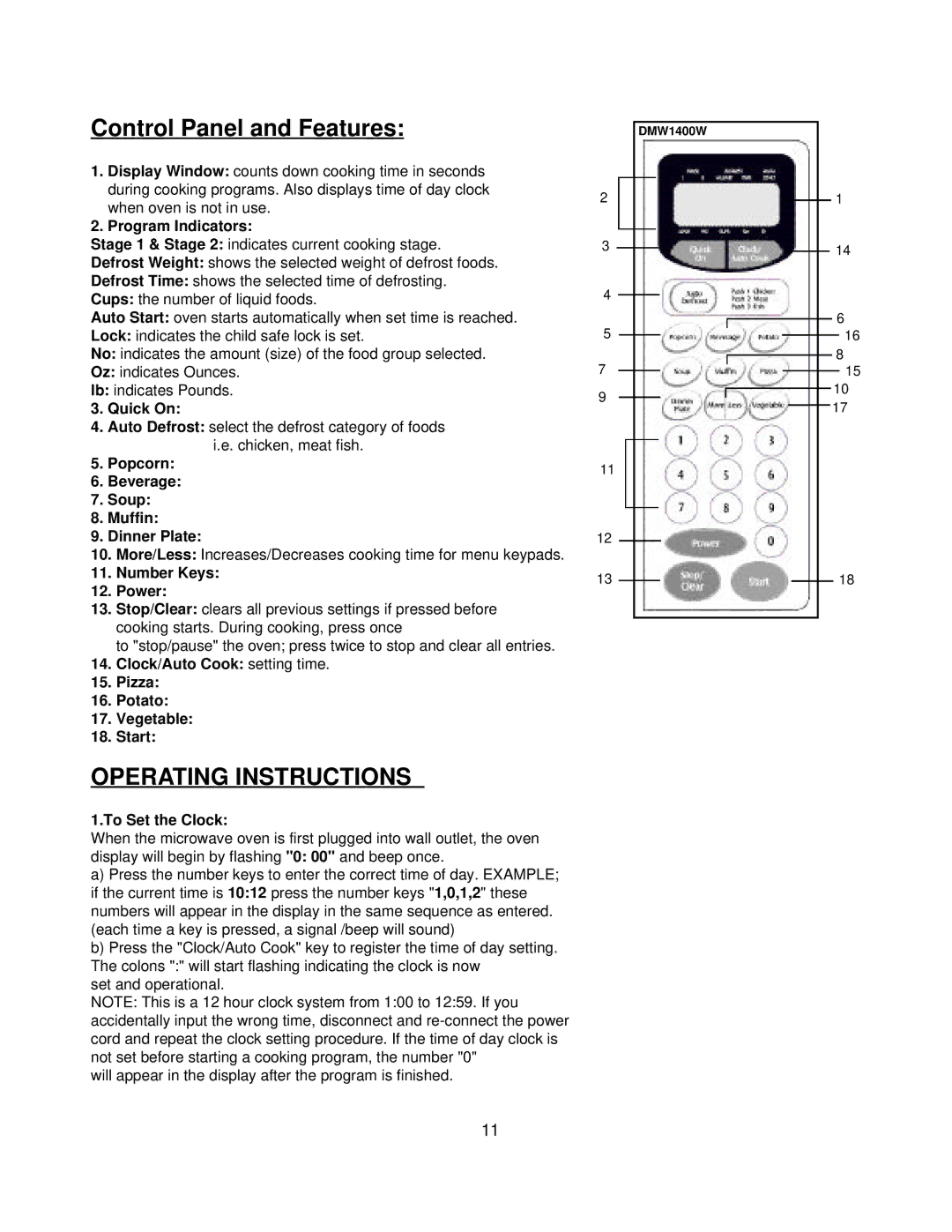 Danby DMW1400W manual Control Panel and Features, Operating Instructions 