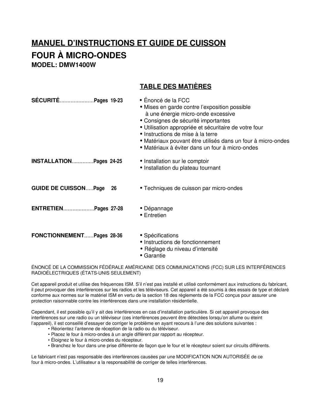 Danby DMW1400W Manuel D’INSTRUCTIONS ET Guide DE Cuisson, Sécurité, Installation, Techniques de cuisson par micro-ondes 