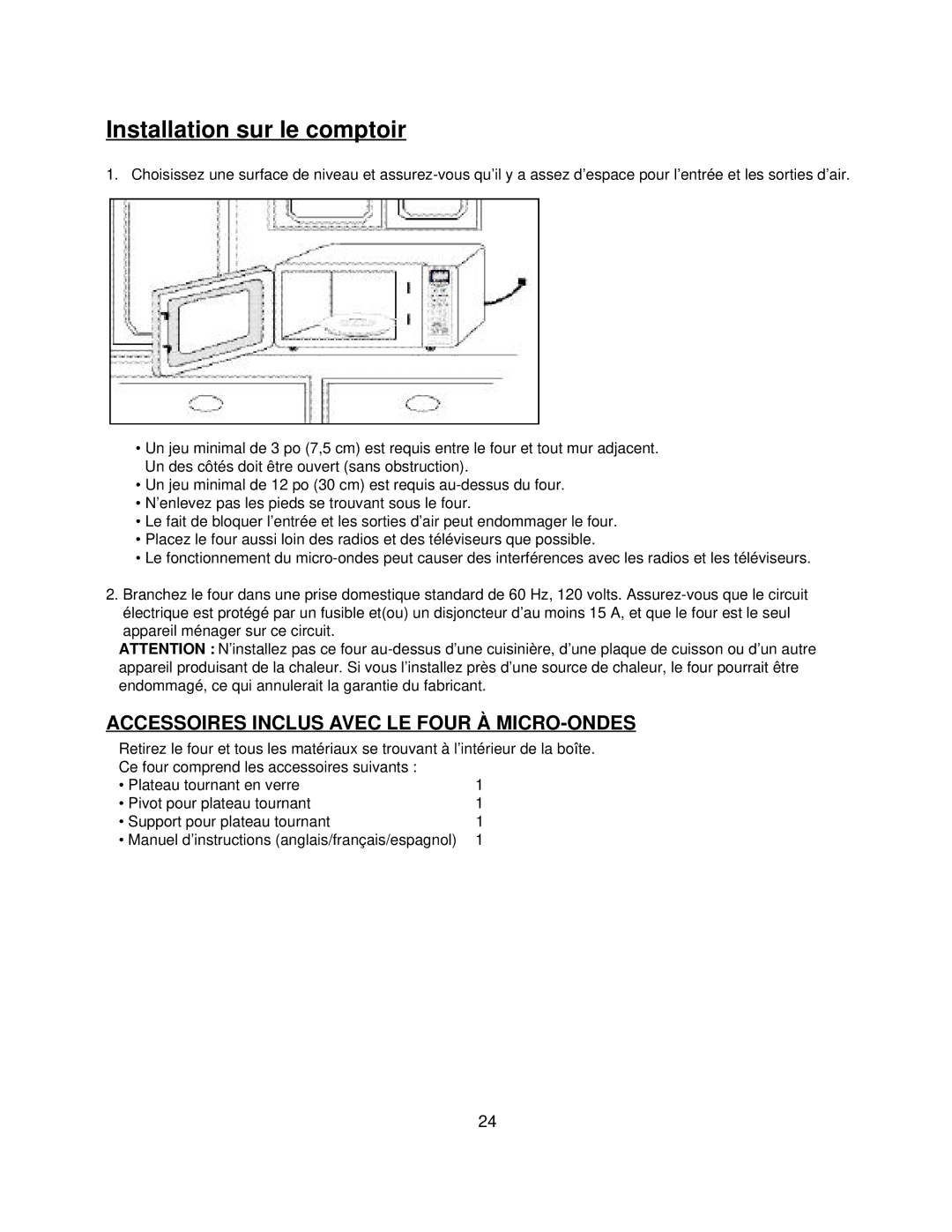 Danby DMW1400W manual Installation sur le comptoir, Accessoires Inclus Avec LE Four À MICRO-ONDES 