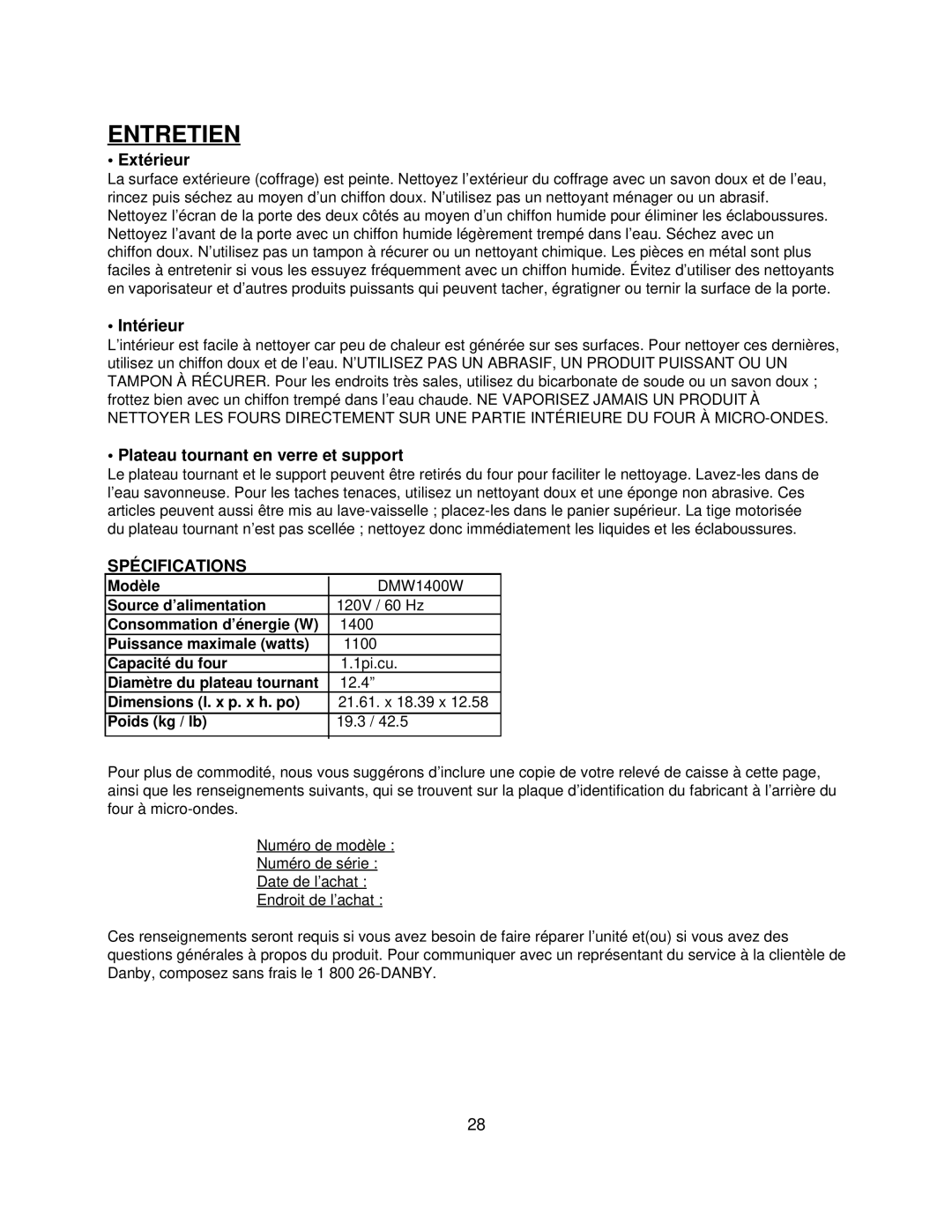 Danby DMW1400W manual Entretien, Extérieur, Plateau tournant en verre et support, Spécifications 