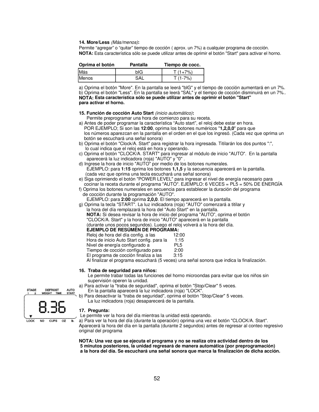 Danby DMW1400W manual More/Less Más/menos, Oprima el botón Pantalla Tiempo de cocc, Traba de seguridad para niños, Pregunta 