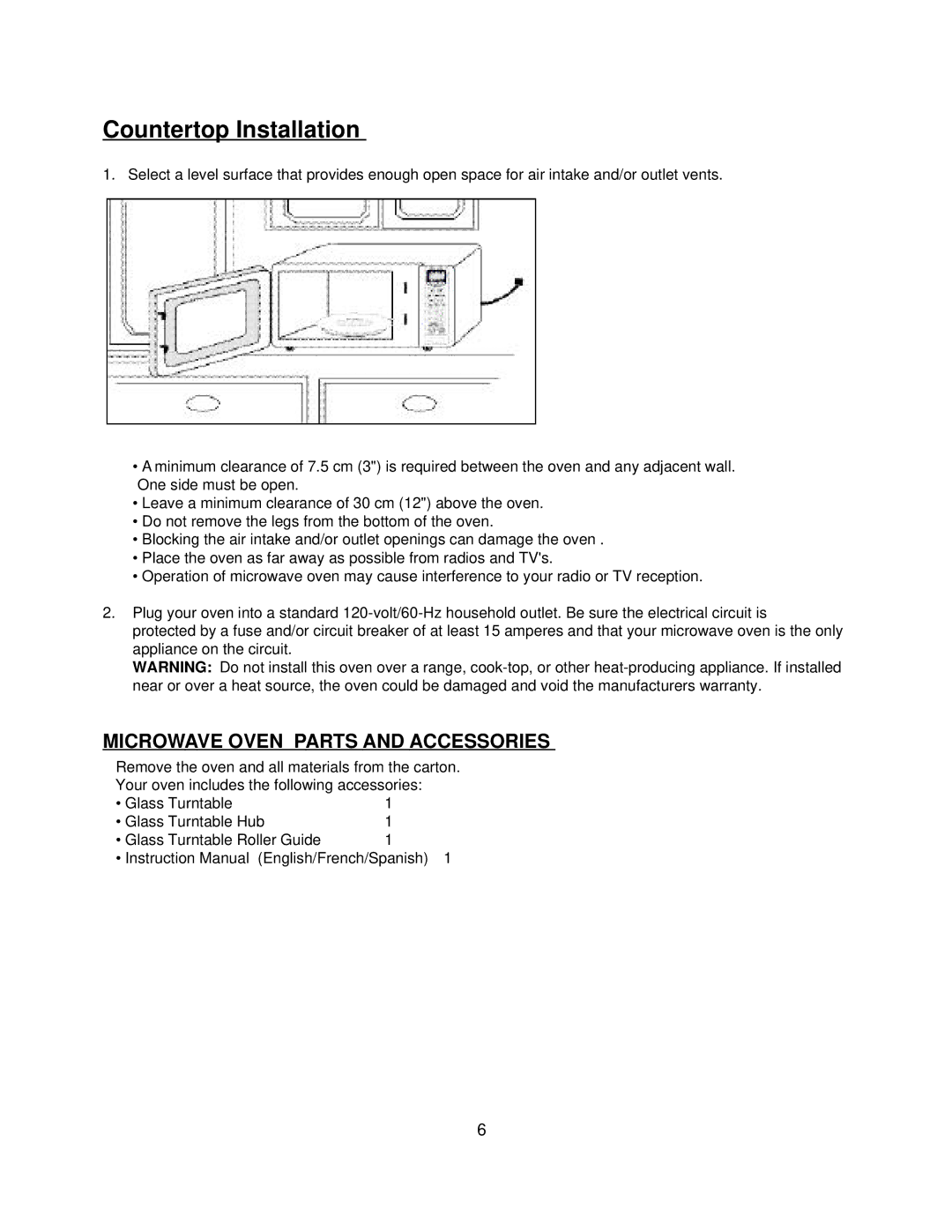 Danby DMW1400W manual Countertop Installation, Microwave Oven Parts and Accessories 